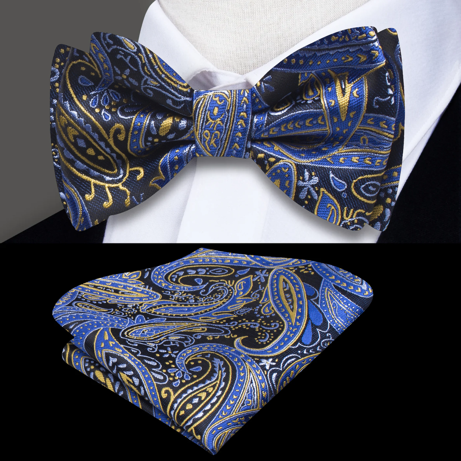 A Black, Blue, Gold Paisley Pattern Silk Self Tie Bow Tie, Matching Pocket Square