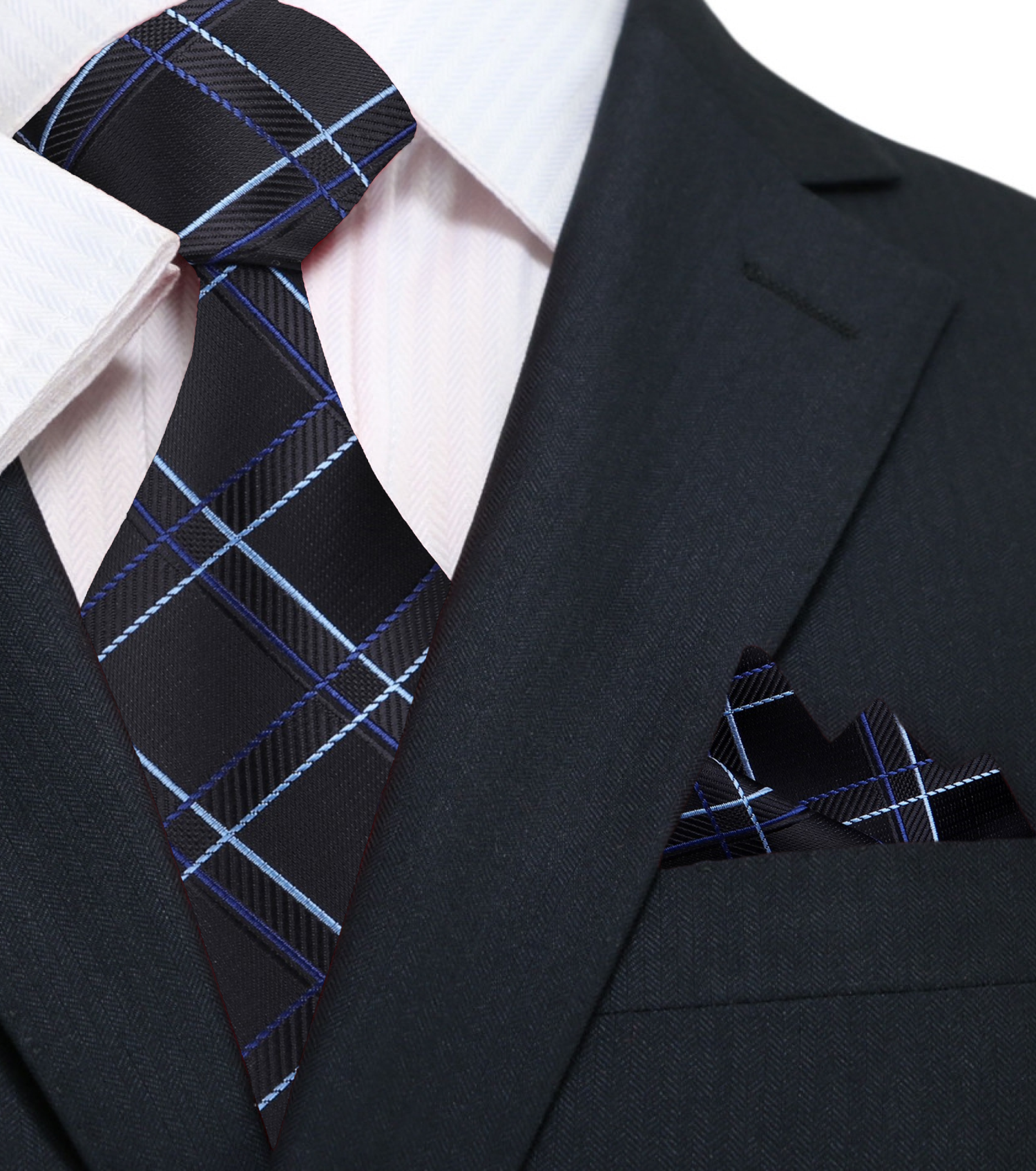 A Black, Blue, White Plaid Pattern Silk Necktie, Matching Pocket Square