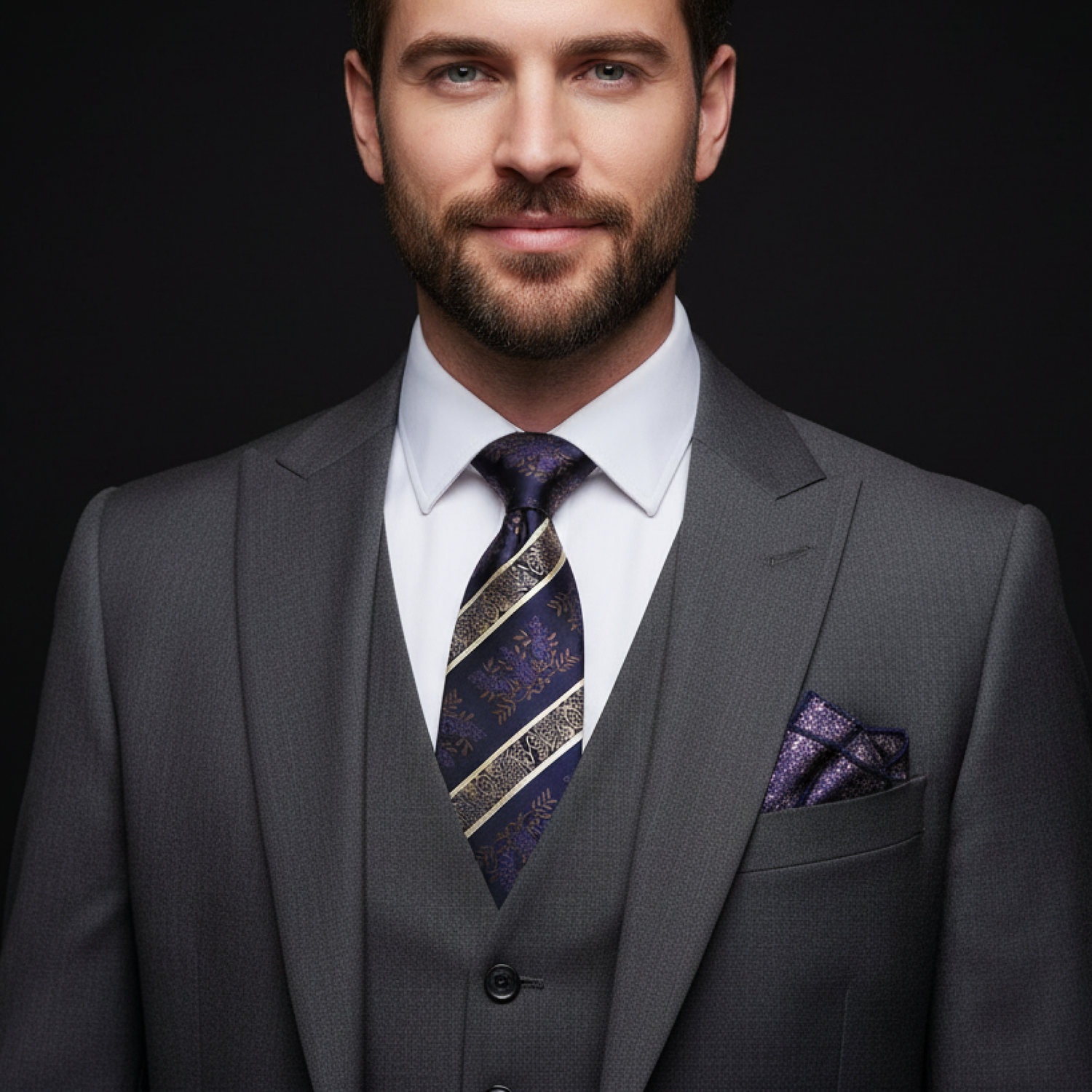 Man wearing a gray suit with a purple tie and pocket square on a dark background