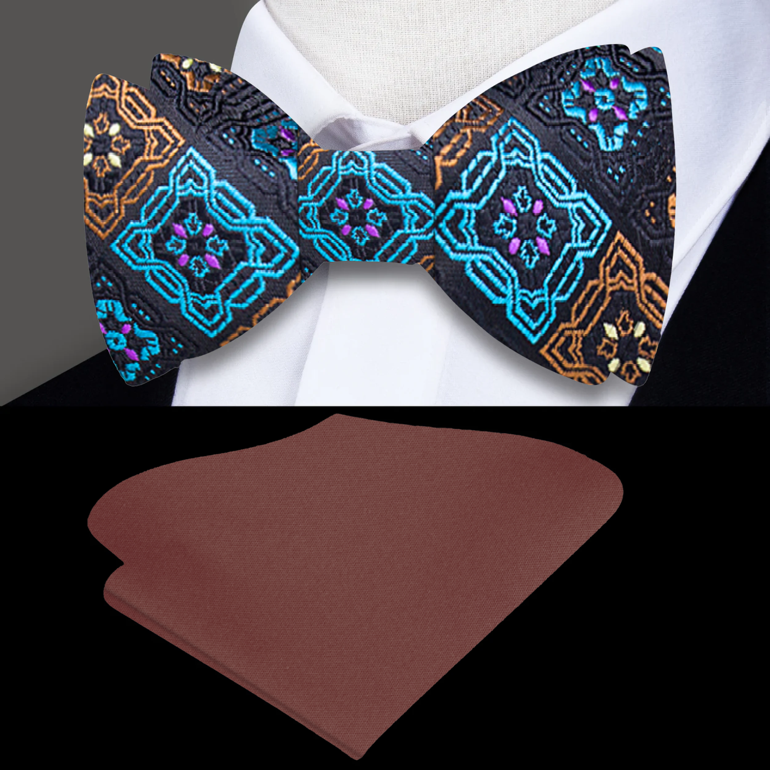 Black, Light Blue, Brown Geometric Bow Tie and Brown Square