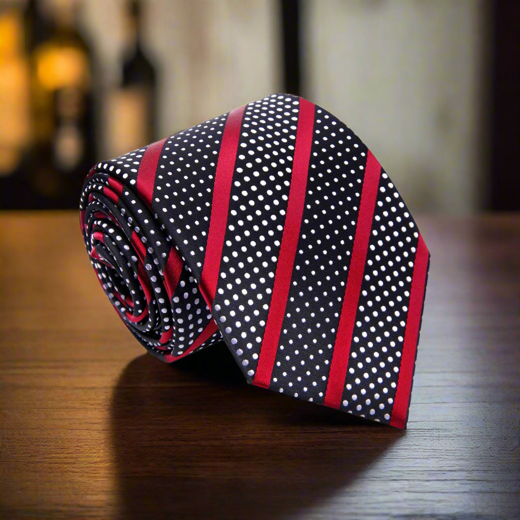 Black, Red, White Stripe Dot Necktie