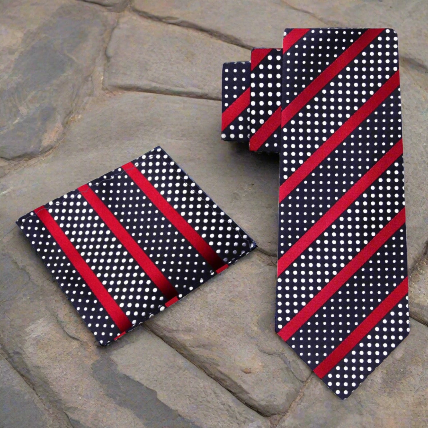 View 2: Black, Deep Red Stripe with White Polka Necktie and Square