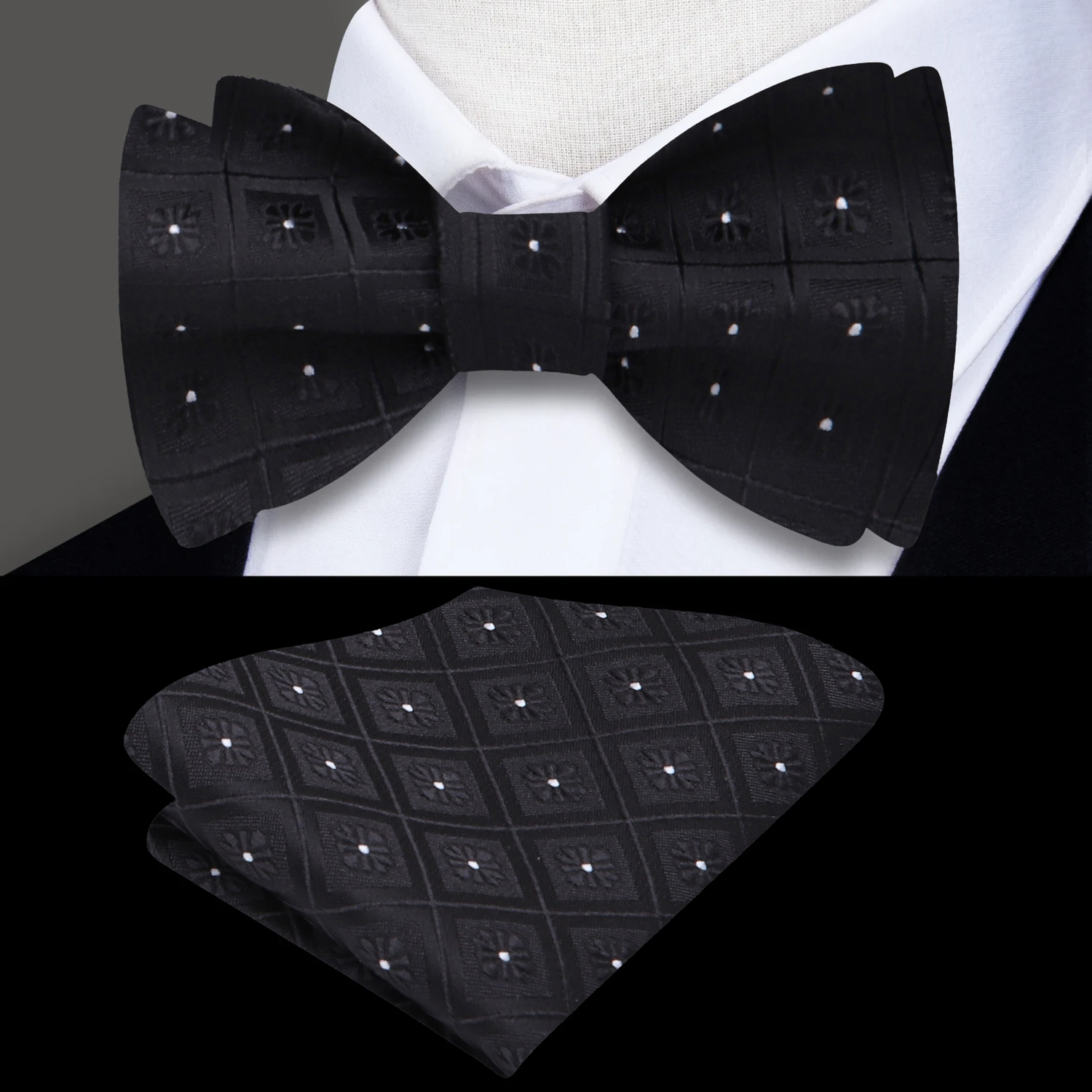 A Black, White Geometric Squares With Small Flowers Silk Self Tie Bow Tie, Matching Pocket Square