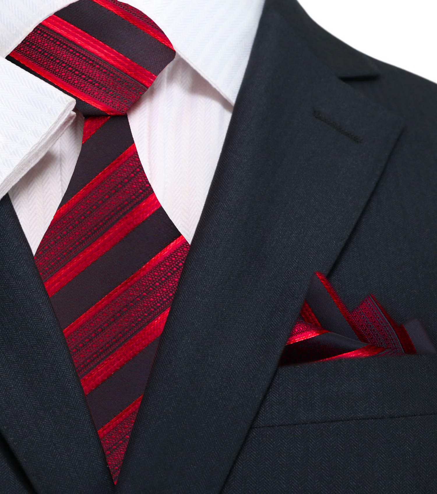 A Black Cherry, Red Stripe Pattern Silk Necktie, Matching Pocket Square||Black Cherry