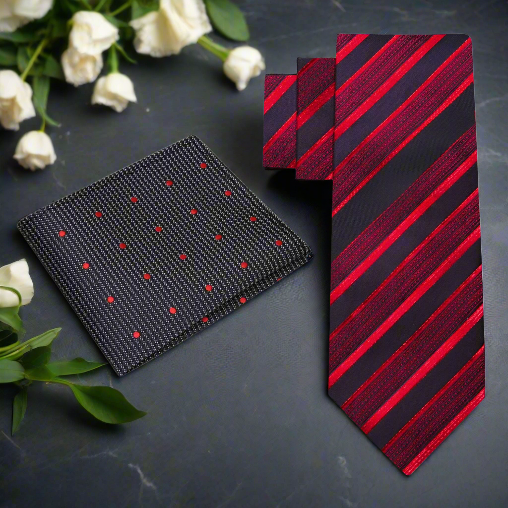 Alt: Red and black striped tie with accenting black and red polka pocket square