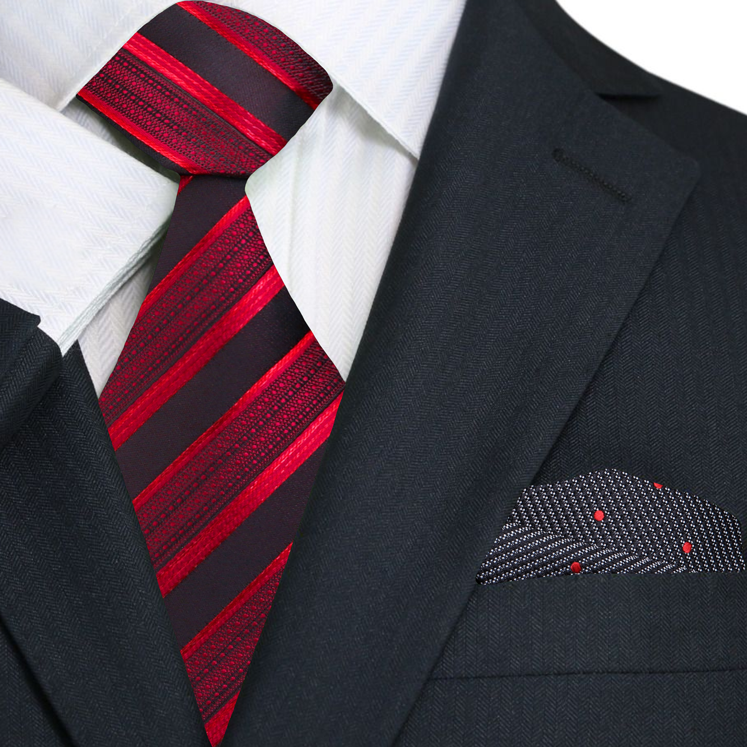Red and black striped tie with accenting black and red polka pocket square on a suit jacket