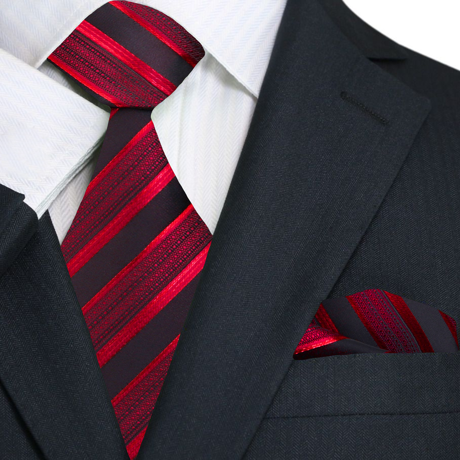 Red and black striped tie with matching pocket square on a suit.
