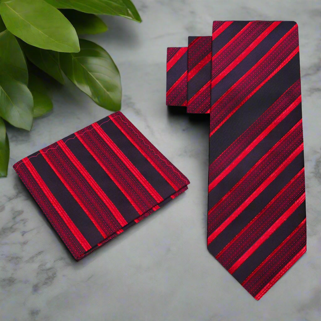 Red and black striped tie and pocket square set 