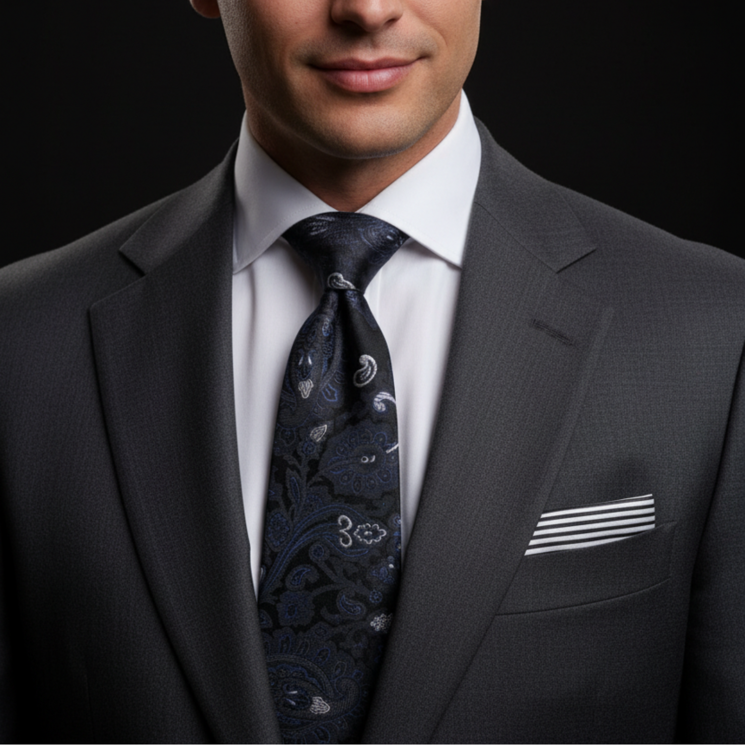 man wearing black blue paisley floral tie and accenting square