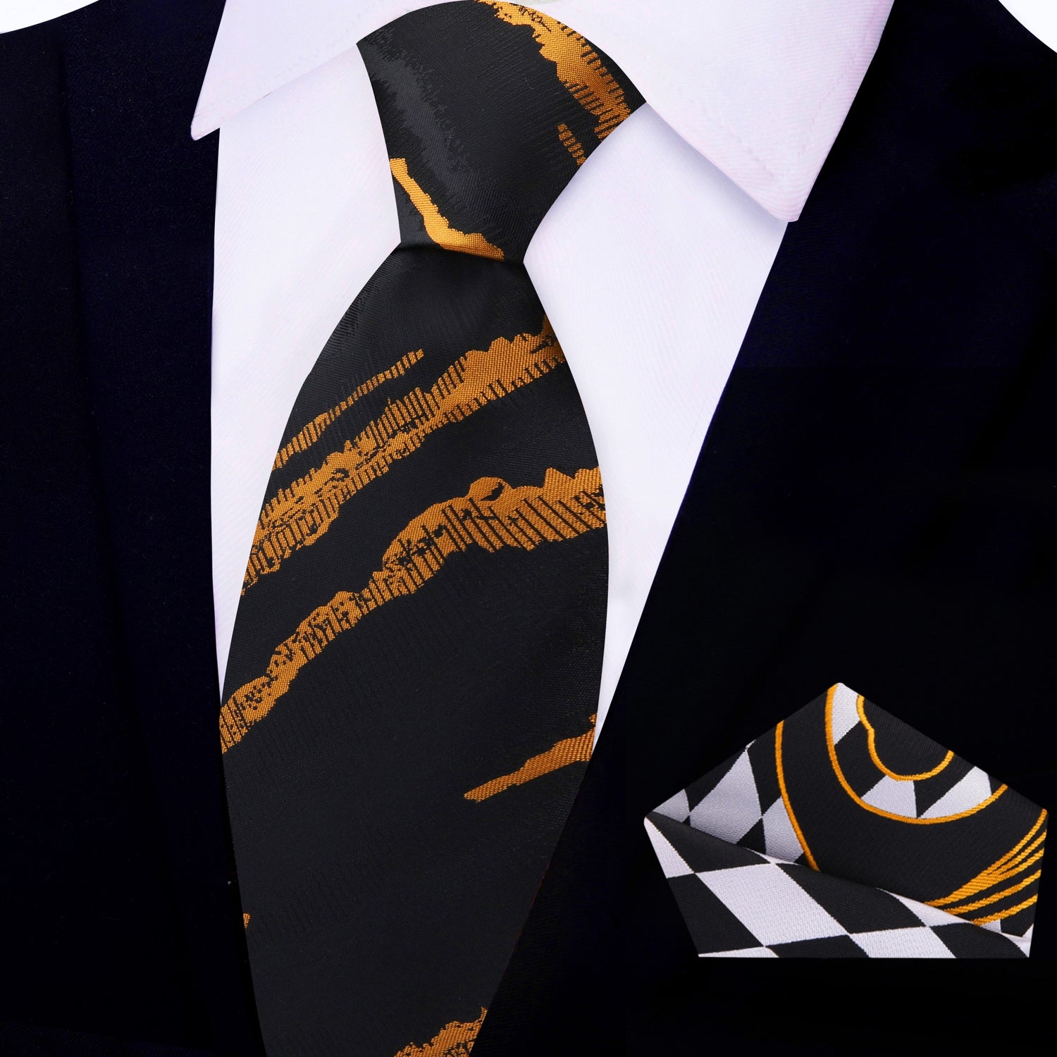 Black, Copper Abstract Necktie and Black, White Copper Check and Paisley Square