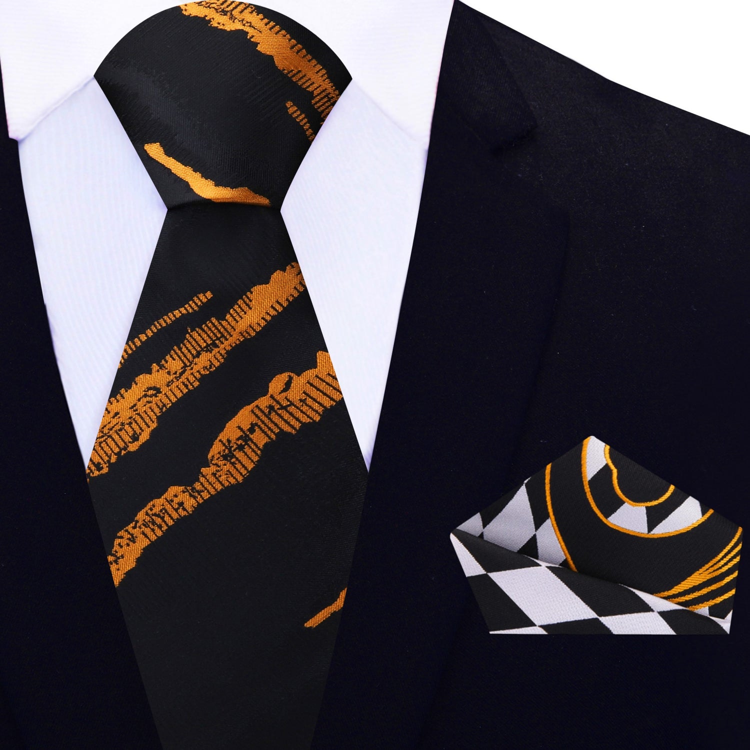 View 2: Black, Copper Abstract Necktie and Black, White Copper Check and Paisley Square