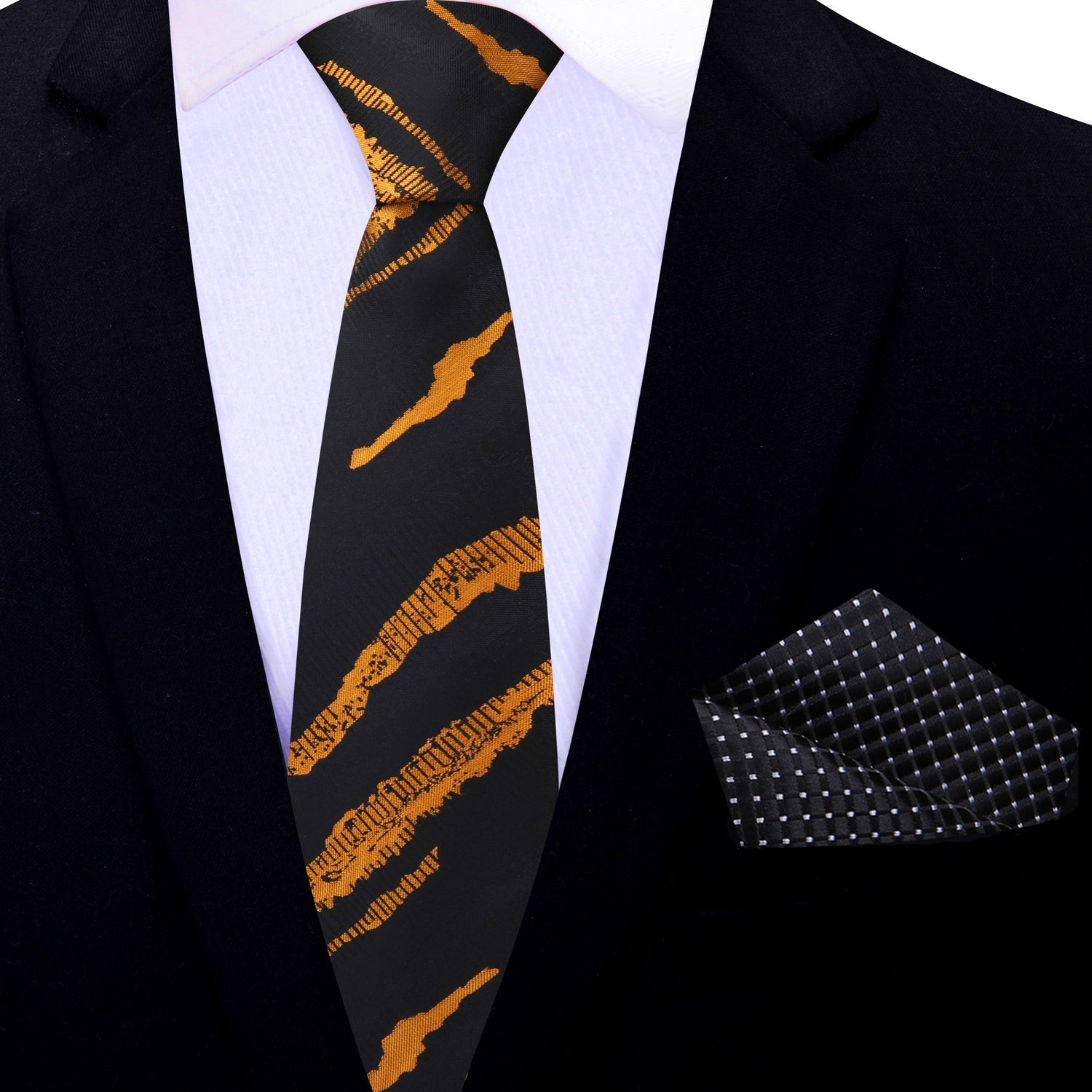 Thin Tie: Black, Copper Abstract Necktie and Black Square
