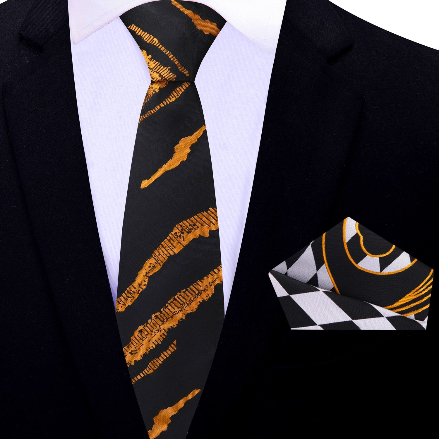 Thin Tie: Black, Copper Abstract Necktie and Black, White Copper Check and Paisley Square
