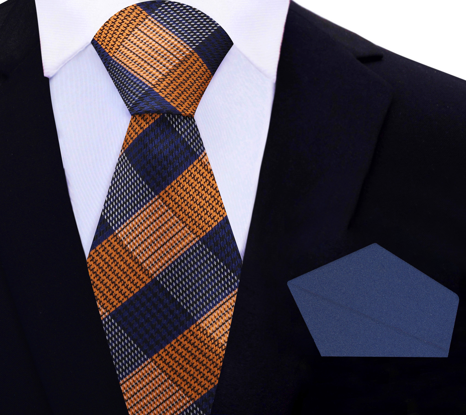 View 2: Orange, Black, Blue Plaid Silk Necktie with Accenting Blue Square