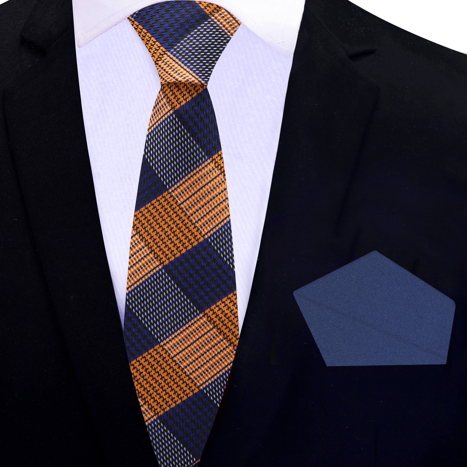 Thin Tie: Orange, Black, Blue Plaid Silk Necktie with Accenting Blue Square