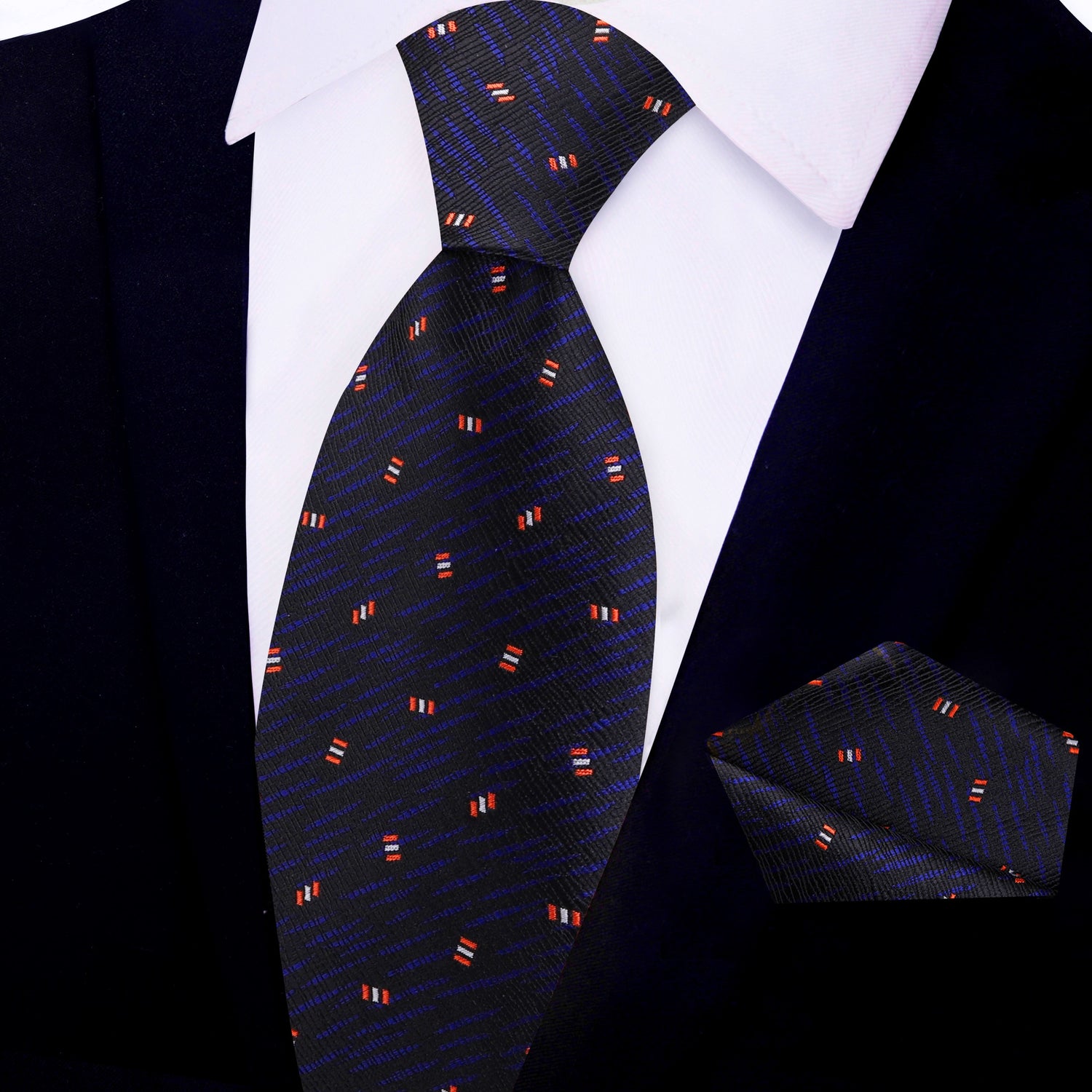 View 2 Black, Dark Indigo, Red, Abstract Tie and Matching Square