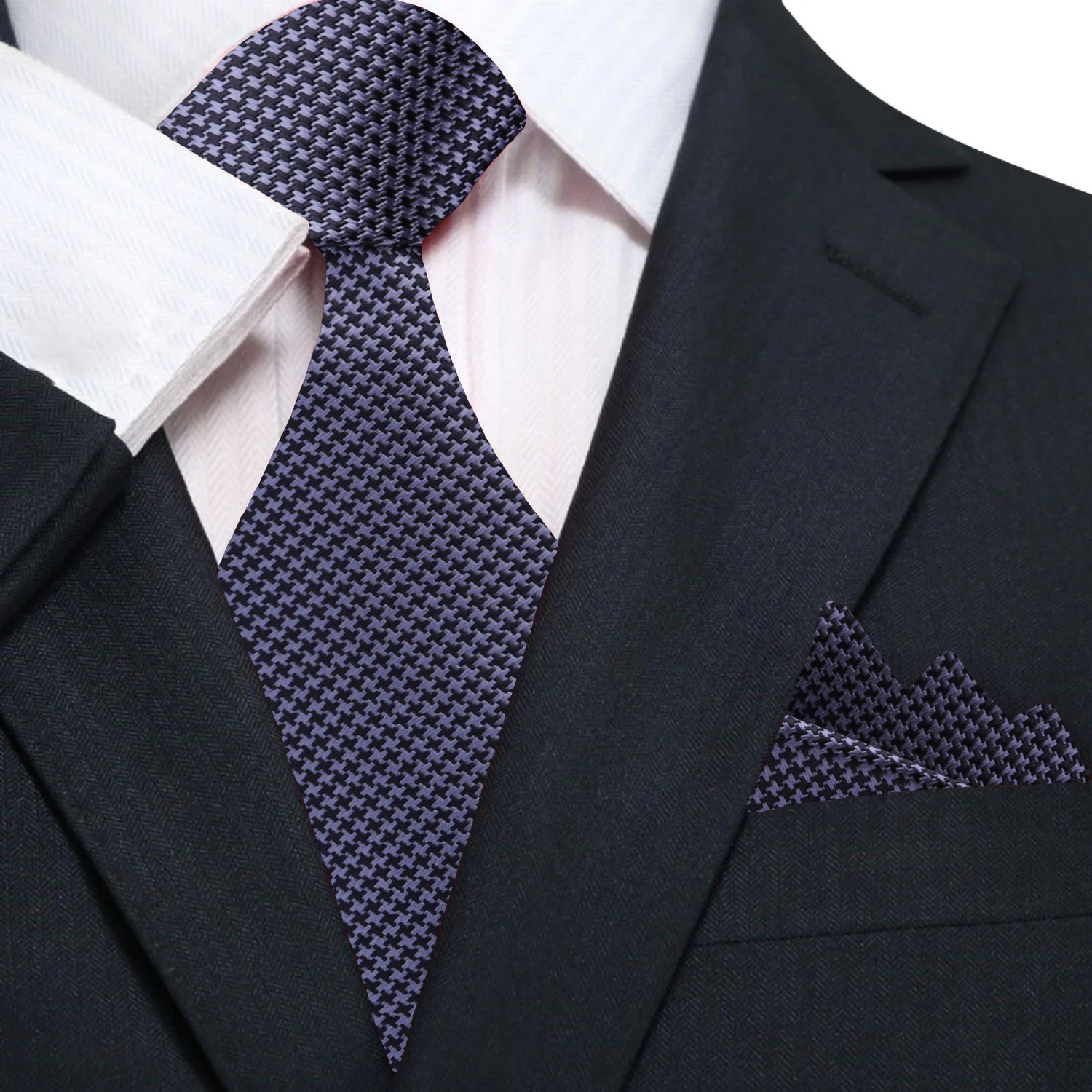 Premium: Silver, Black Hounds-Tooth Tie and Pocket Square