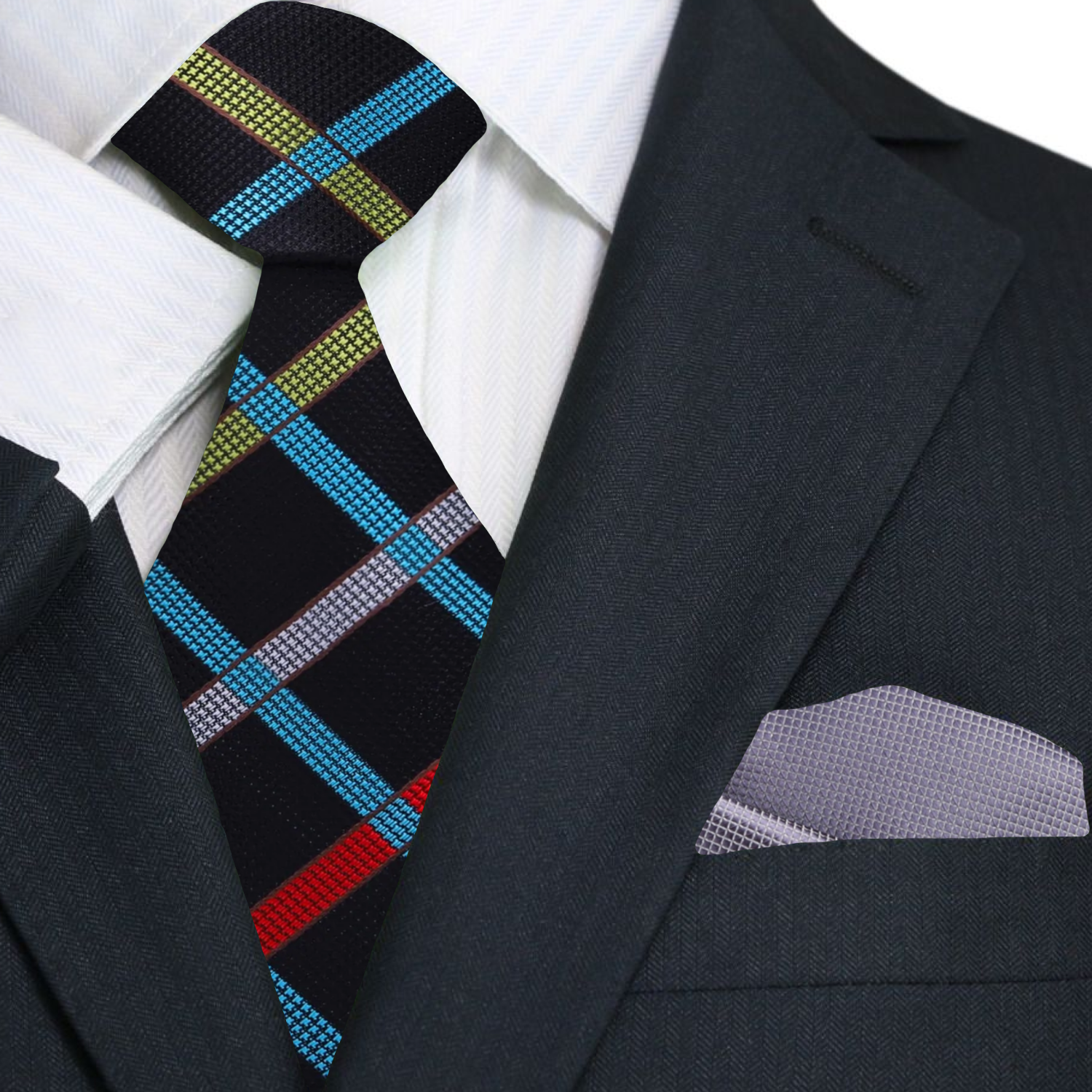 Main: Black Divine Geometric Tie and Solid Grey Pocket Square