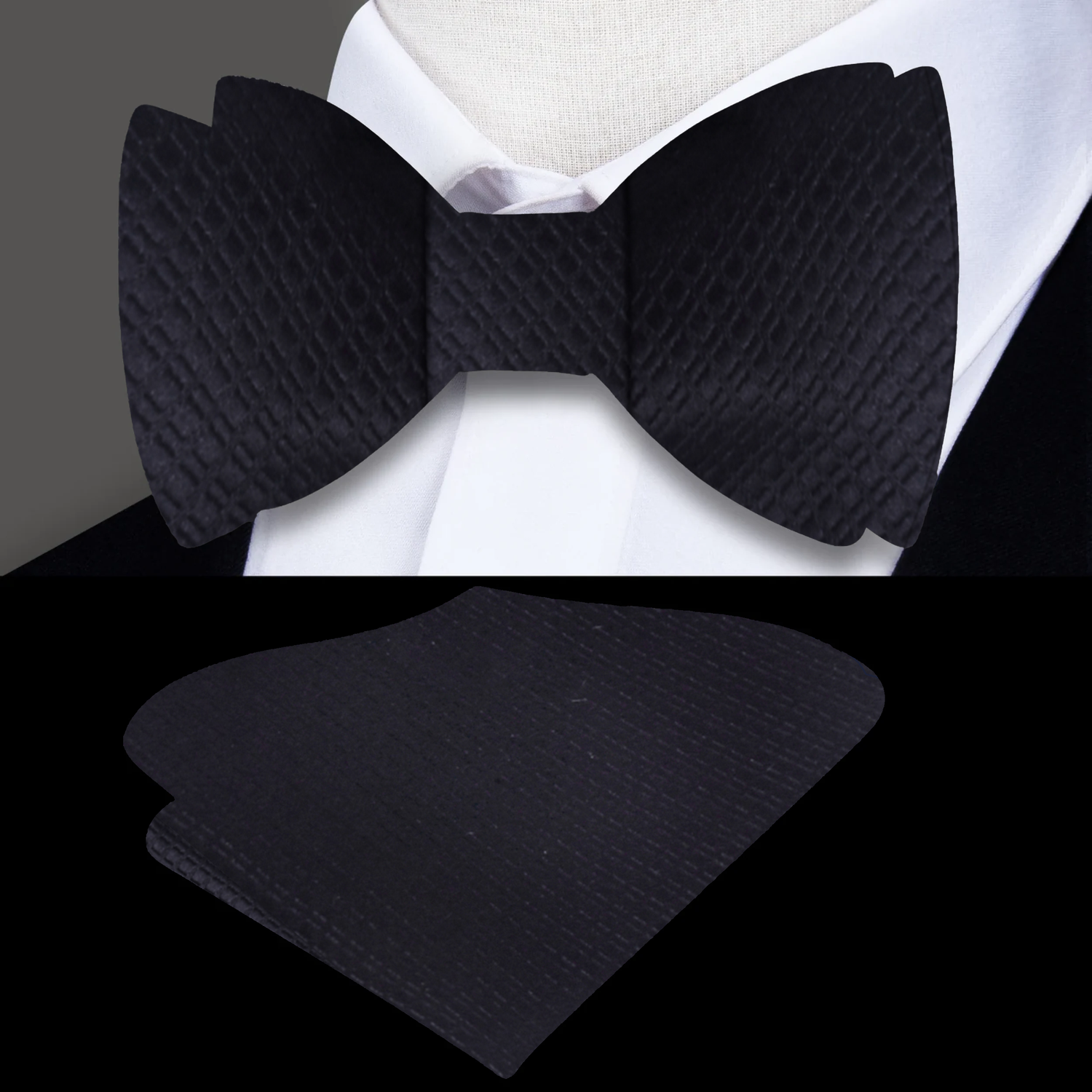 Main: A Solid Black With Small Check Texture Pattern Silk Self Tie Bow Tie With Matching Pocket Square