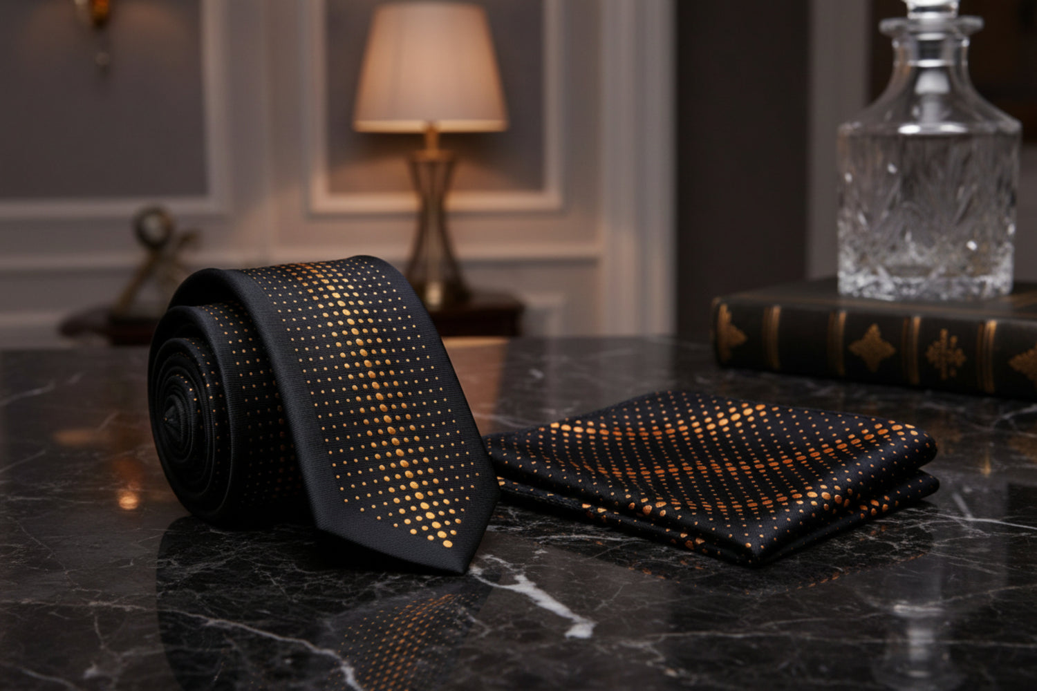 golden orange and black polka dot tie  and matching square