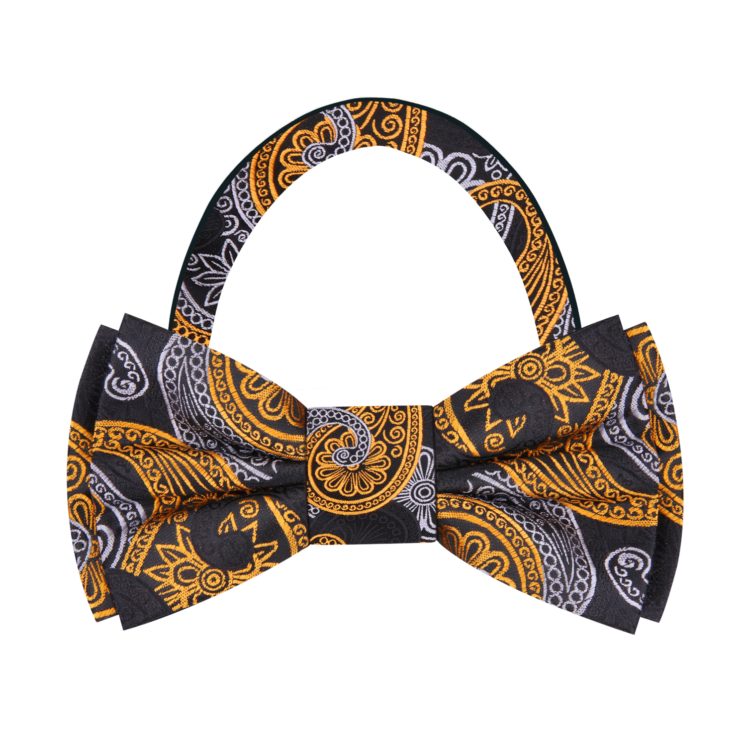 Black, Yellow Gold, Grey Paisley Bow Tie Pre Tied