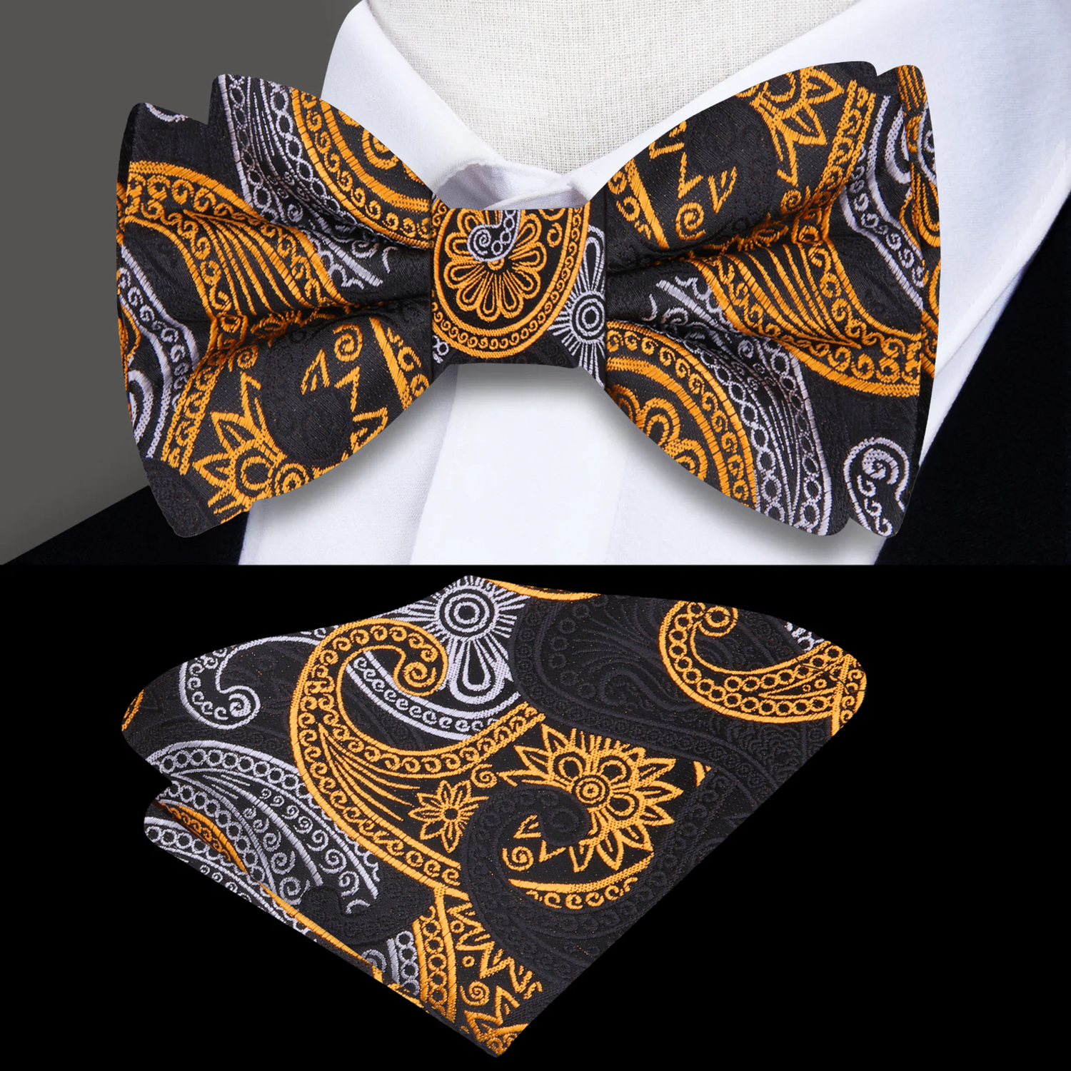 Black, Yellow Gold, Grey Paisley Bow Tie and Pocket Square