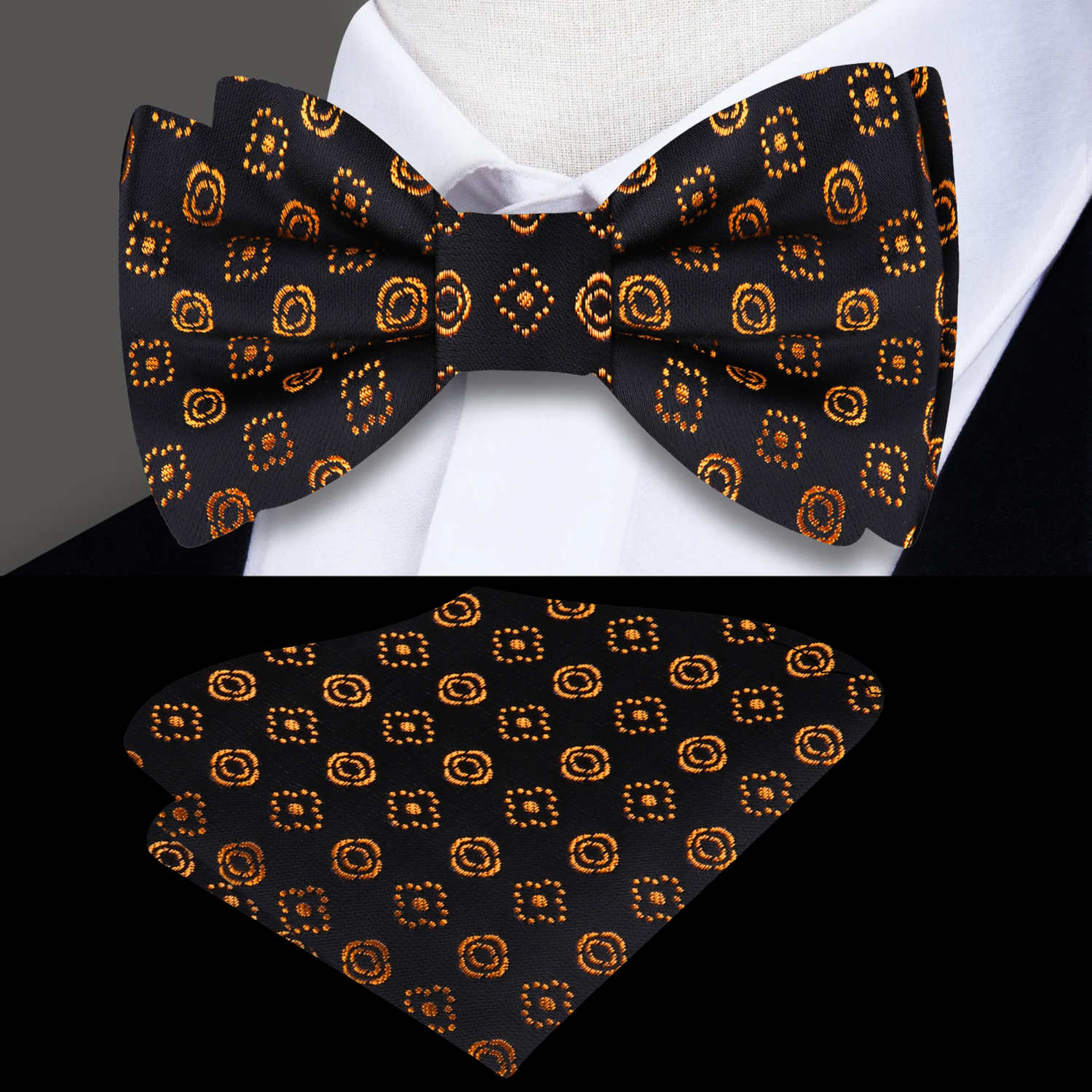 Black, Blue, Deep Gold Lines With Flowers Bow Tie and Pocket Square||Gold, Black, Blue