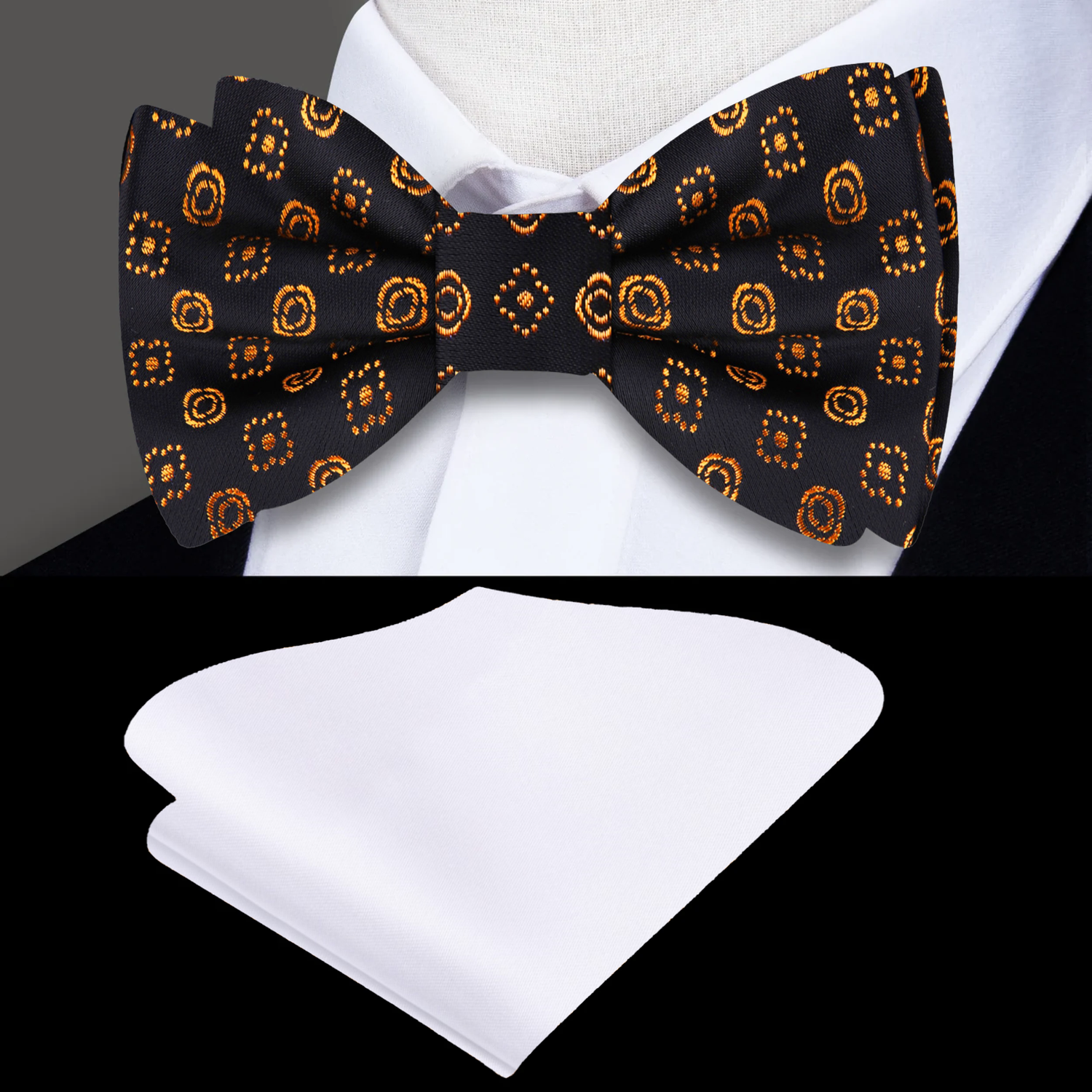 Black, Blue, Deep Gold Lines With Flowers Bow Tie and White Pocket Square| 