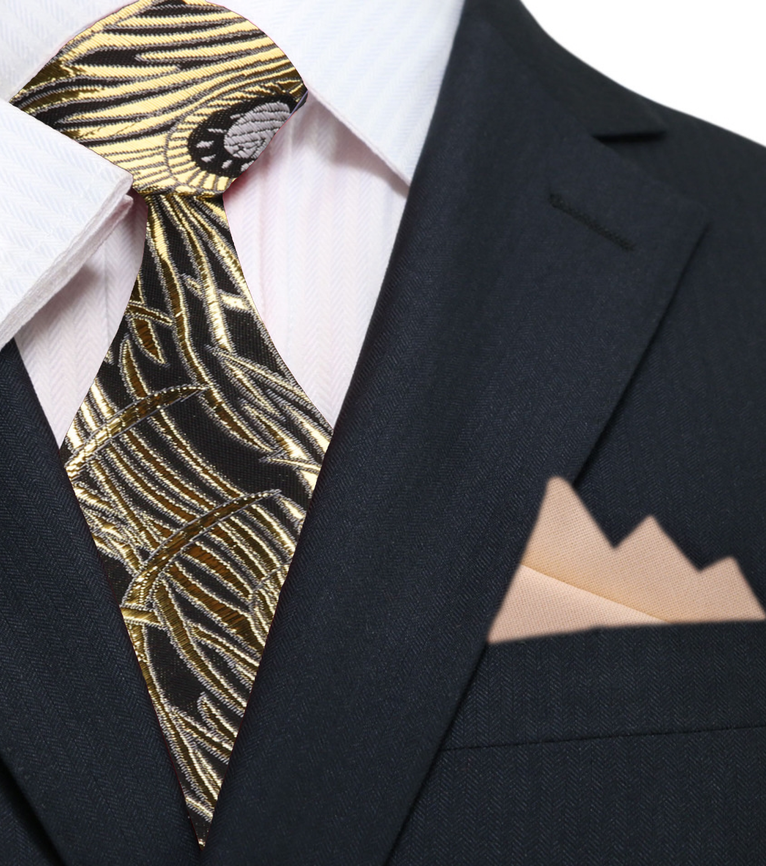 Main: Black, Gold, Grey Abstract Silk Necktie with Cream Square