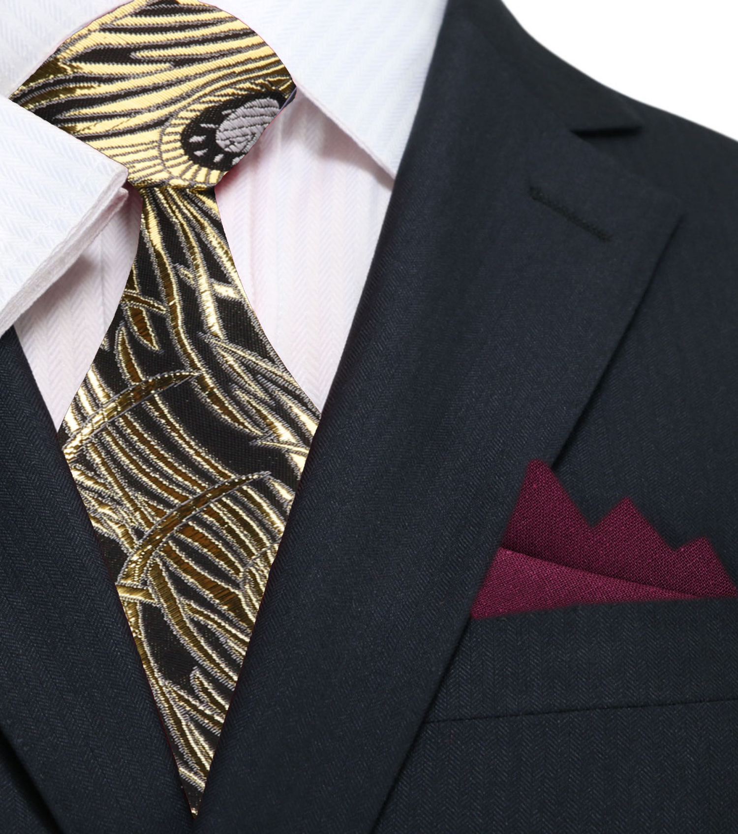 Main: Black, Gold, Grey Abstract Silk Necktie with Burgundy Square