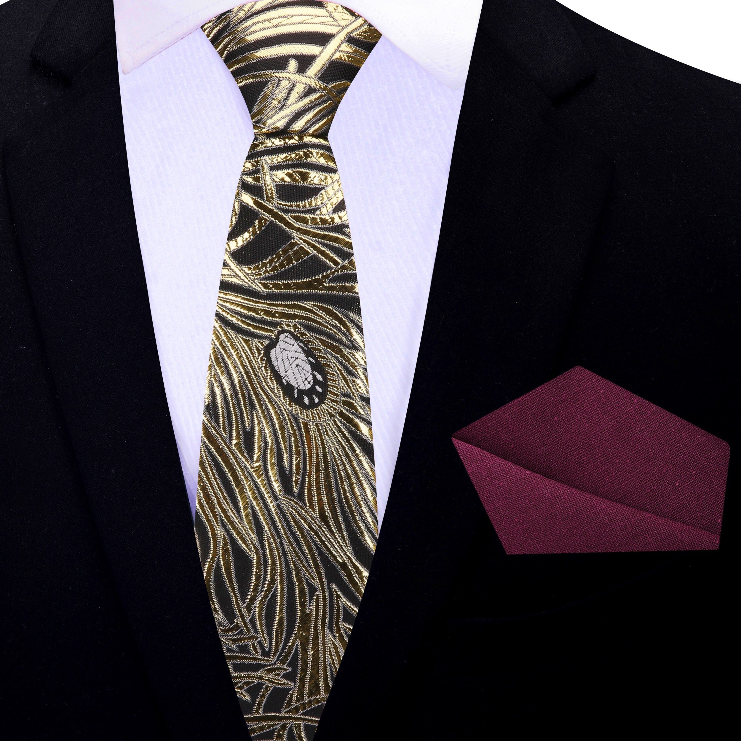 Black & Gold Peacock Feather Necktie Formal Mens Tie Necktie & Square / Regular (60") / 2.5" Inches Black & Gold Peacock Feather Necktie Formal Mens Tie Necktie & Square / Regular (60") / 2.5" Inches