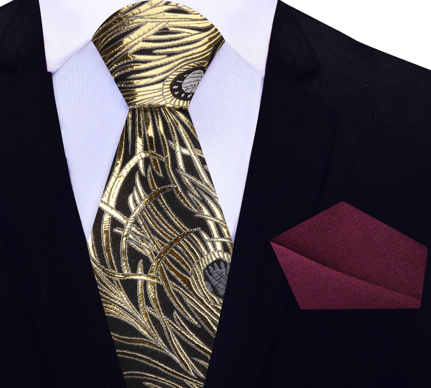 Black, Gold, Grey Abstract Silk Necktie with Burgundy Square