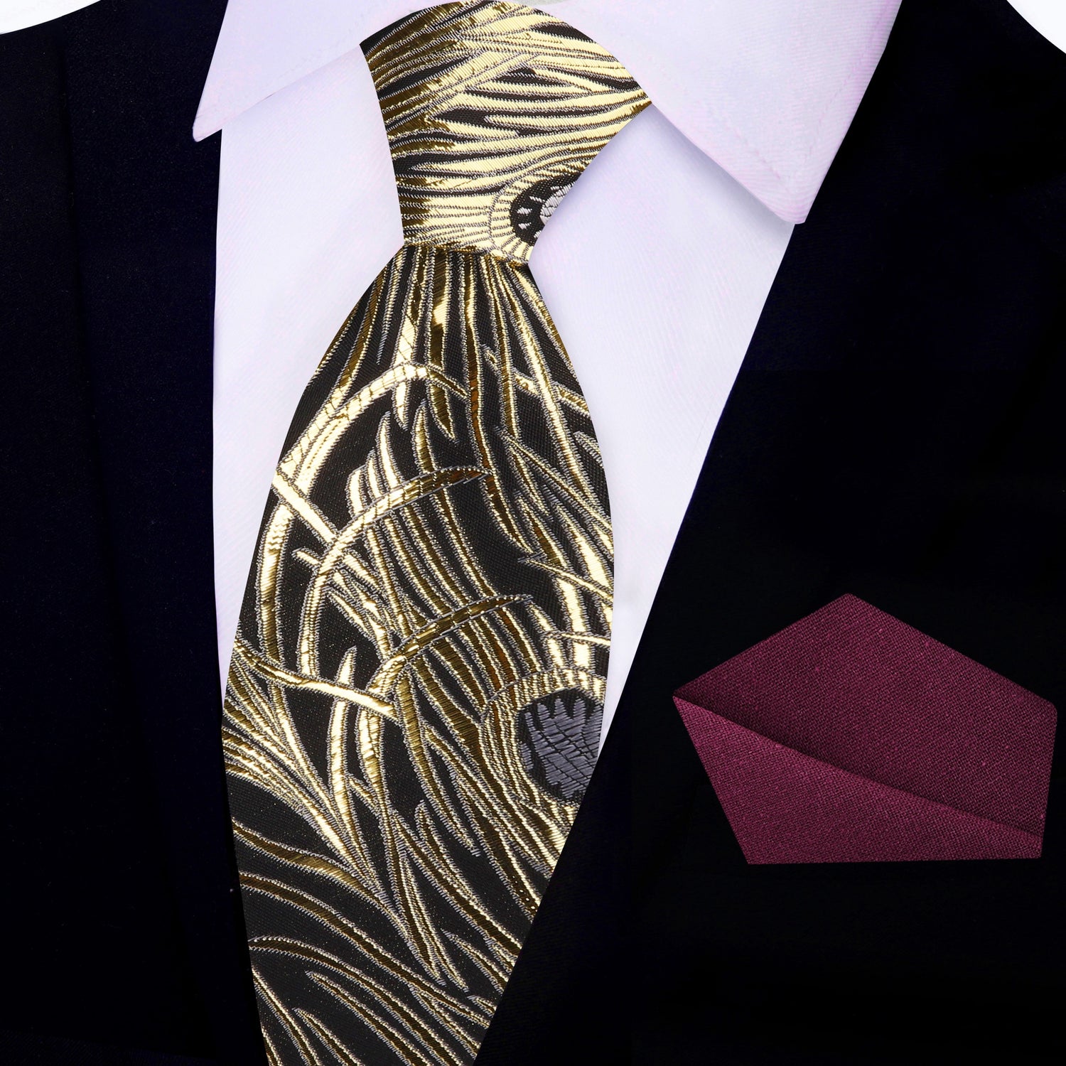 View 2: Black, Gold, Grey Abstract Silk Necktie with Burgundy Square