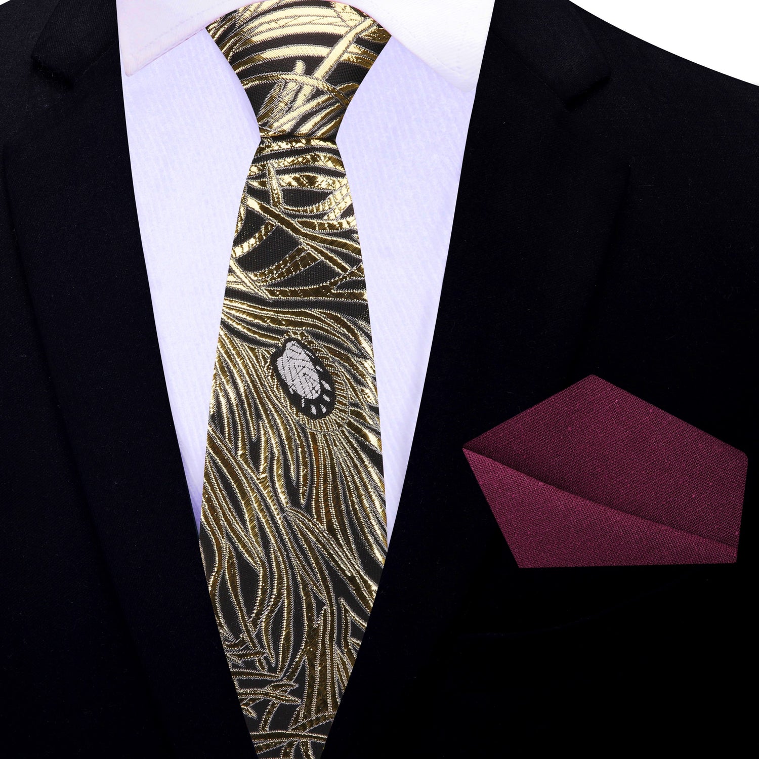 Thin Tie: Black, Gold, Grey Abstract Silk Necktie with Burgundy Square