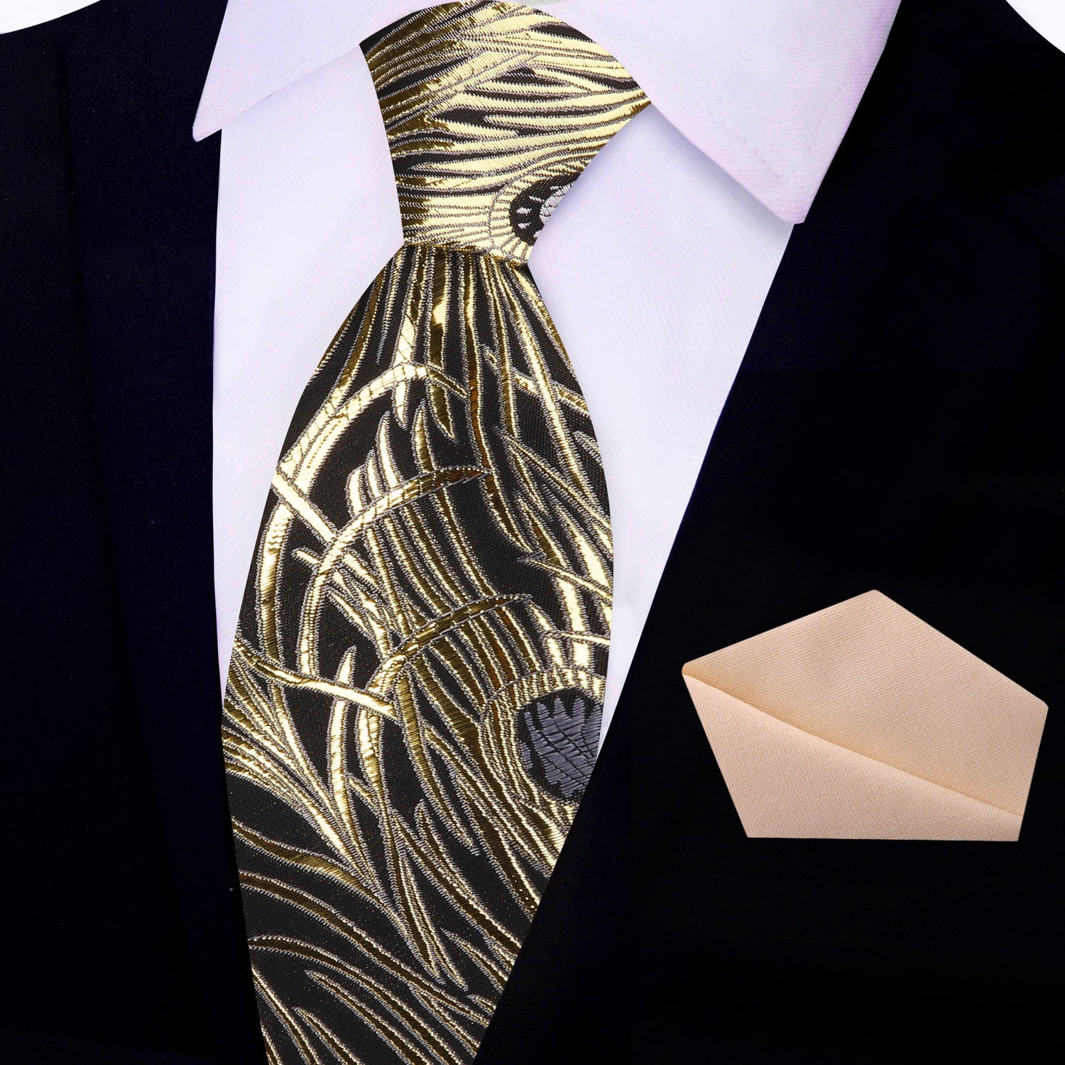 View 2: Black, Gold, Grey Abstract Silk Necktie with Cream Square