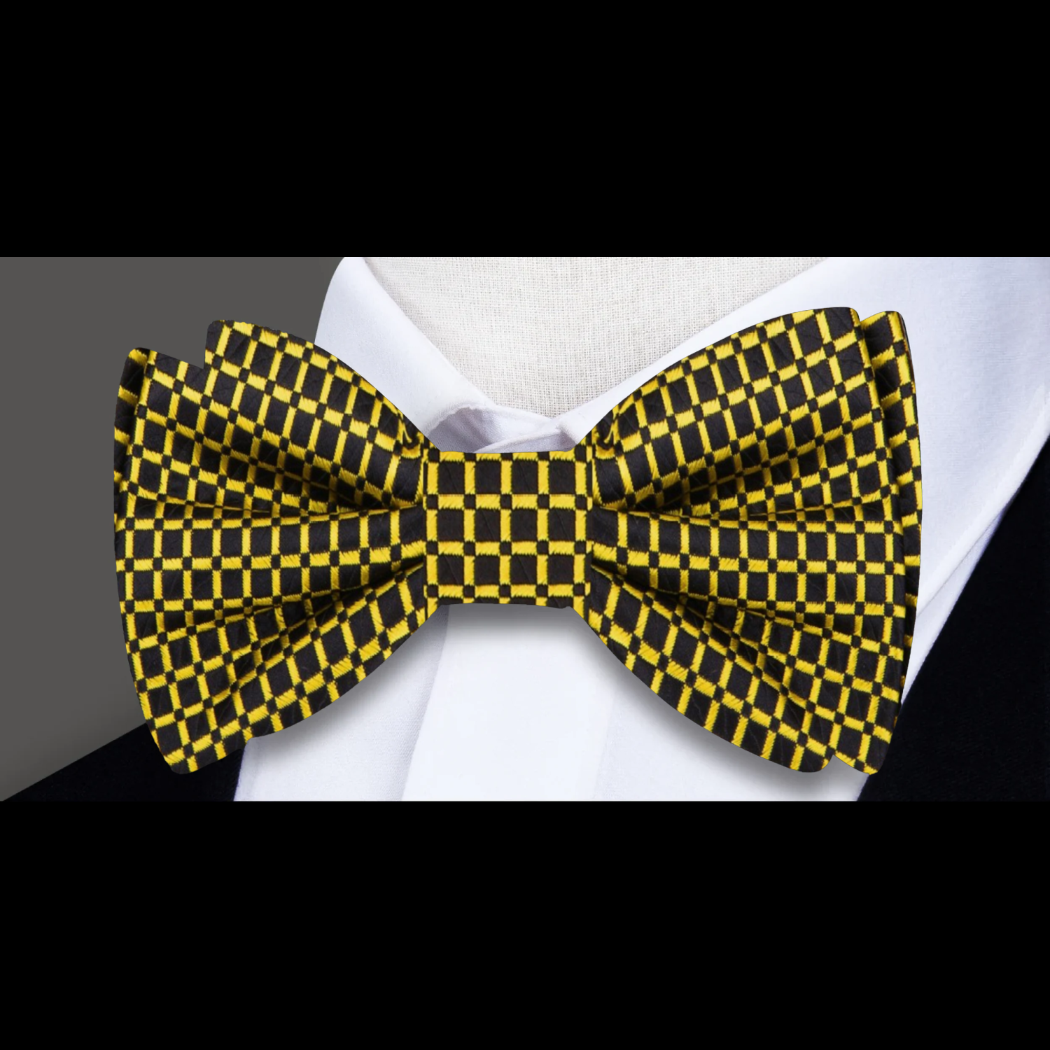 A Black, Gold Small Geometric Check Pattern Silk Self Tie Bow Tie,