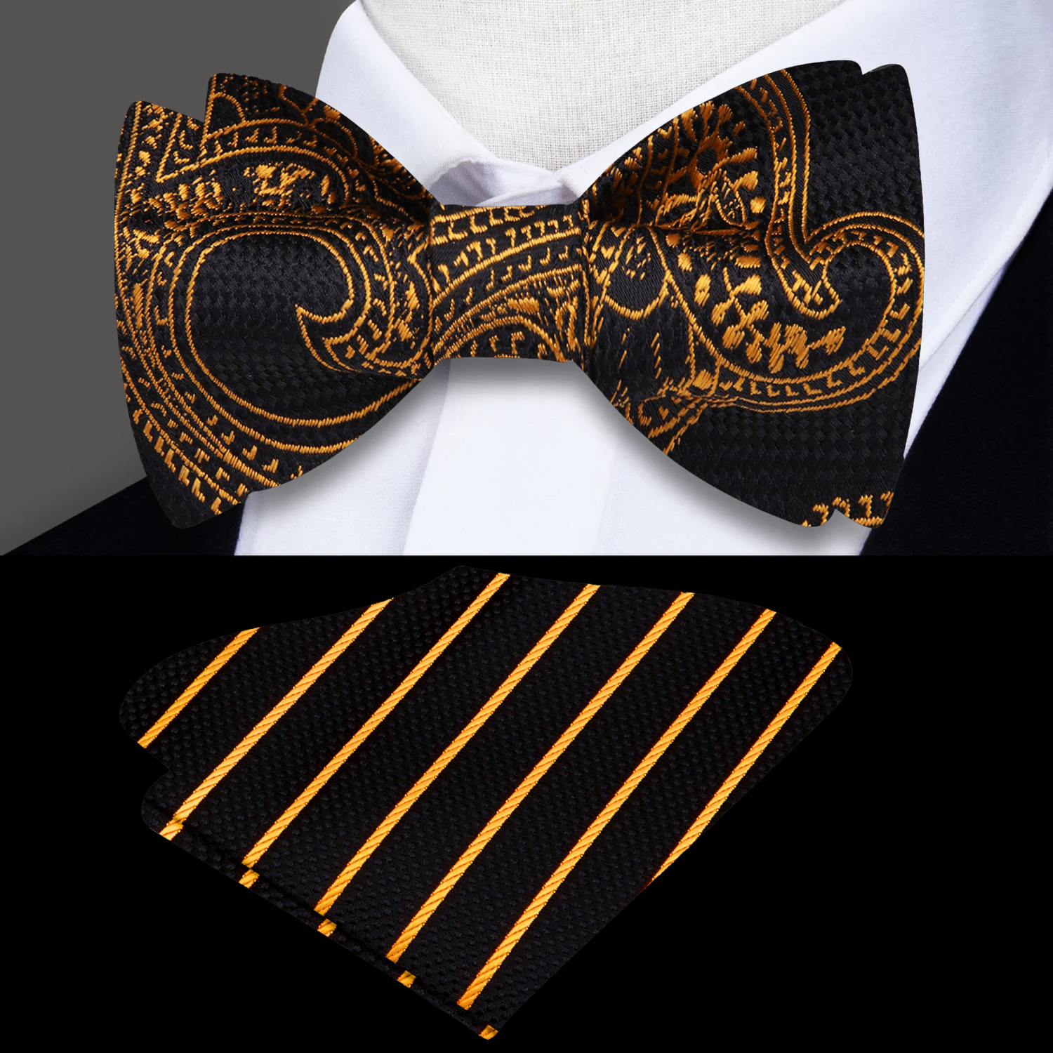 Black, Gold Paisley Bow Tie and Accenting Pocket Square