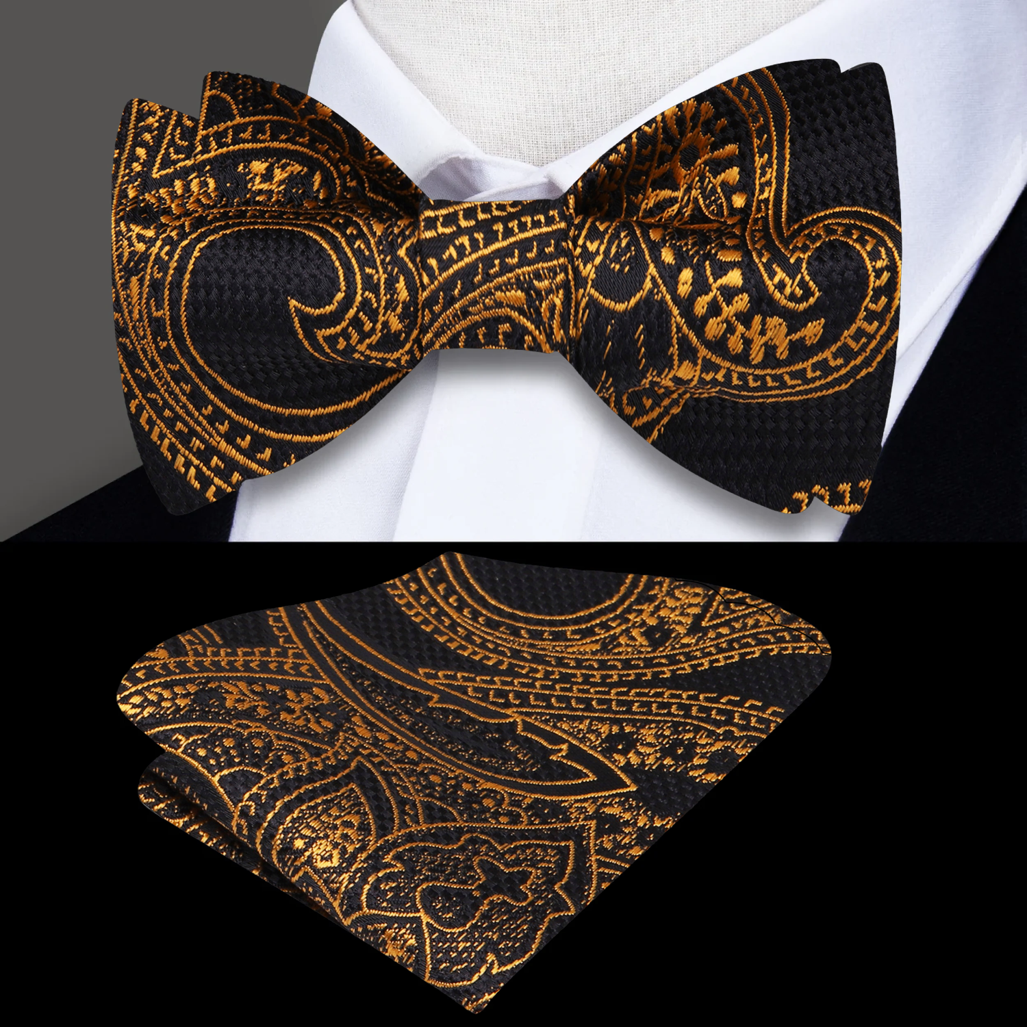 Black, Gold Paisley Bow Tie and Pocket Square