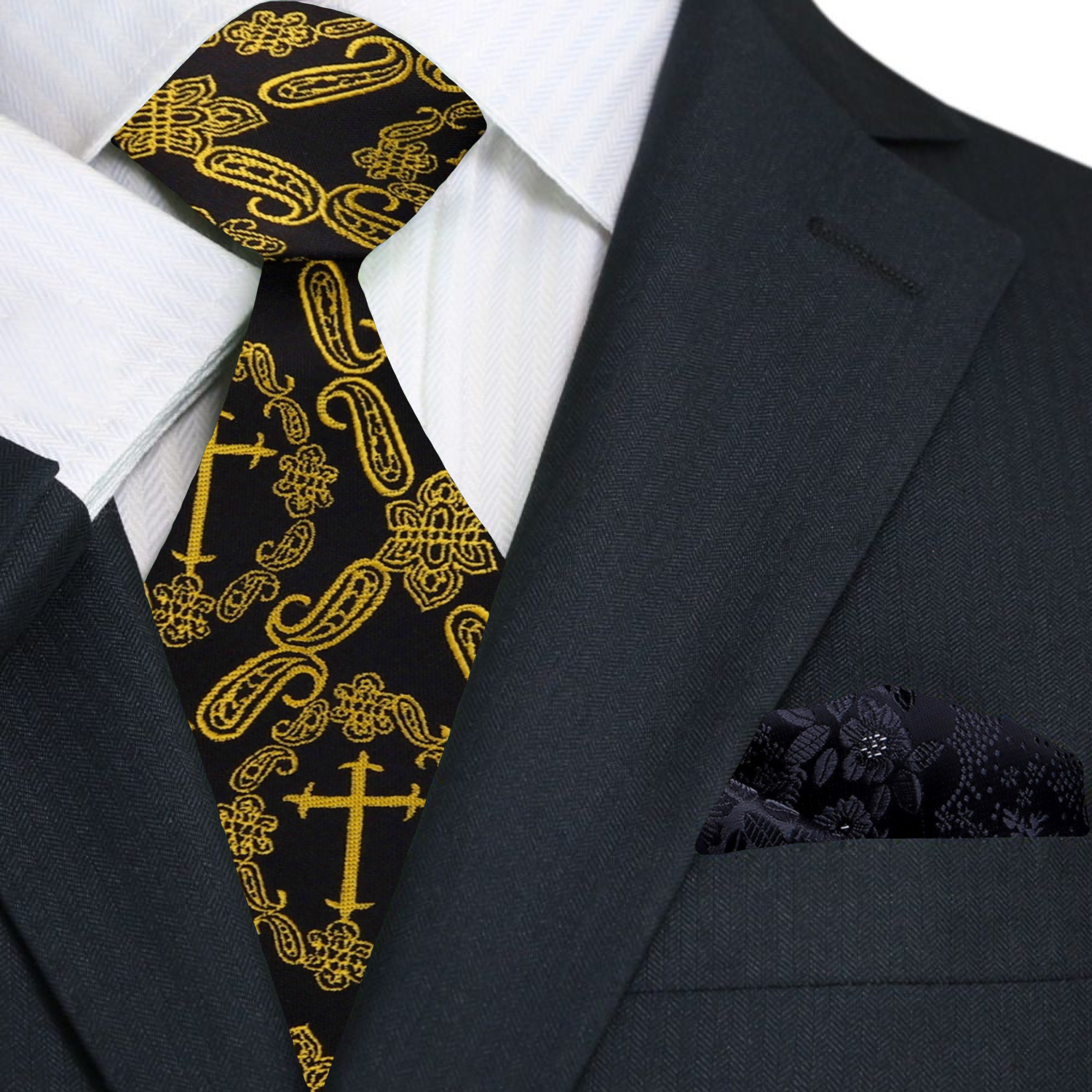 Main Black, Yellow Gold Paisley and Cross Necktie with Black Rose Square