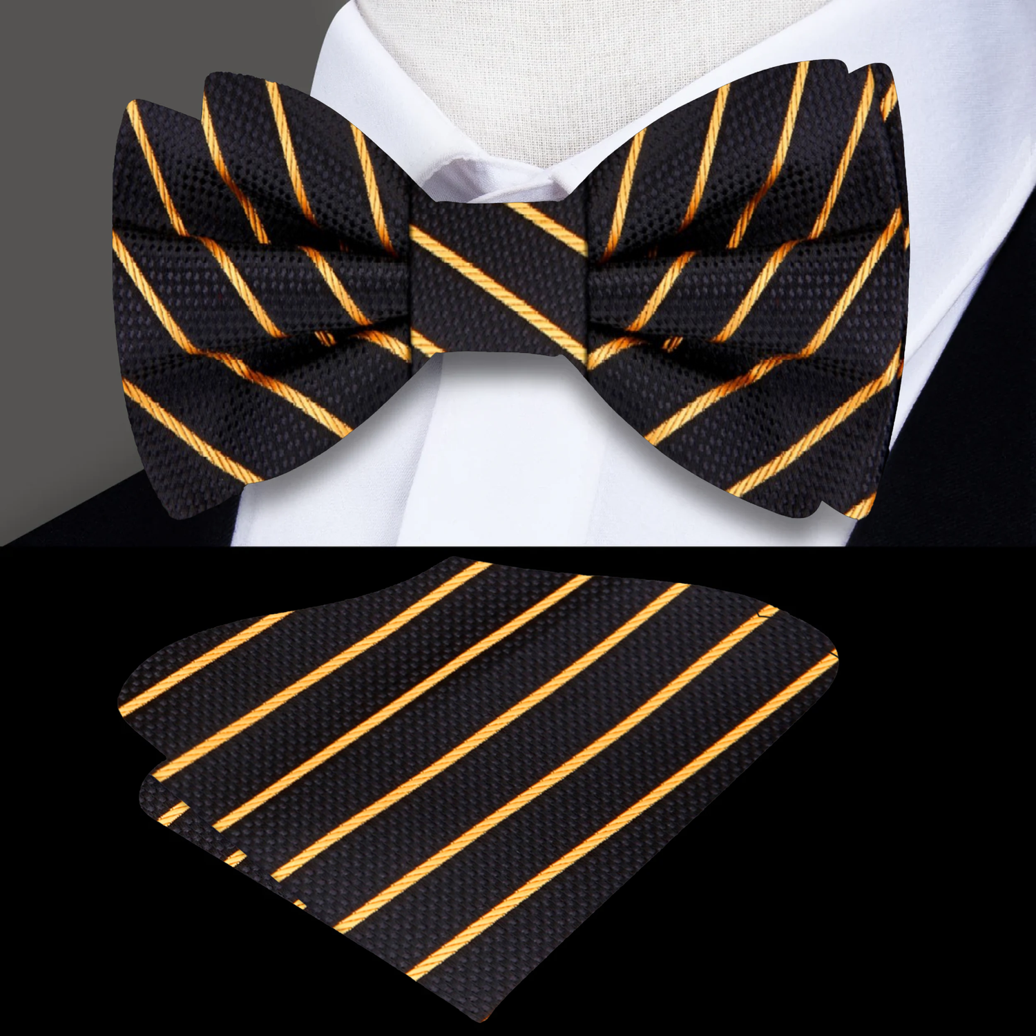 Main View: Black with Gold Stripe Bow Tie and Pocket Square
