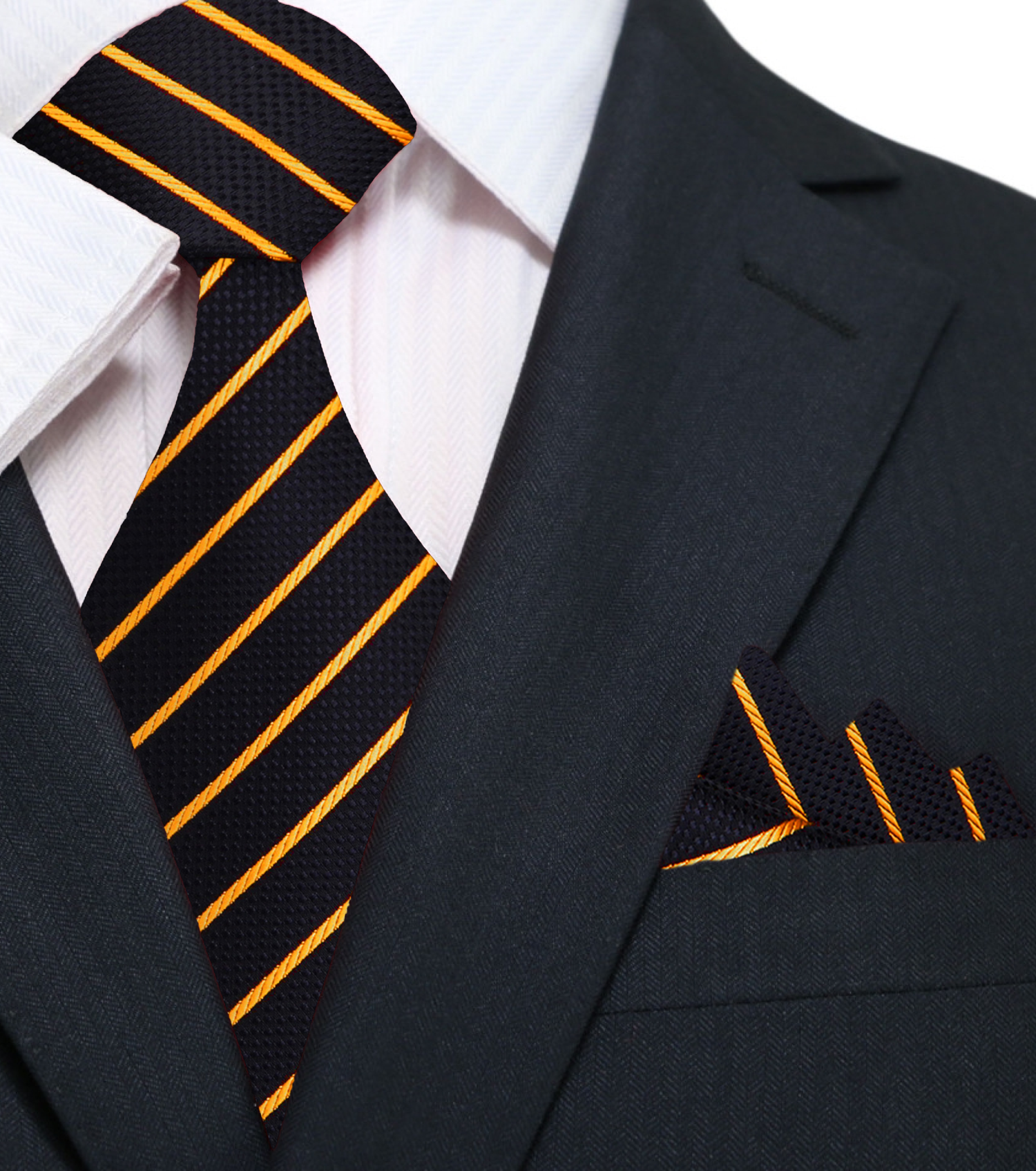 Black, Gold Stripe Necktie and Matching Square