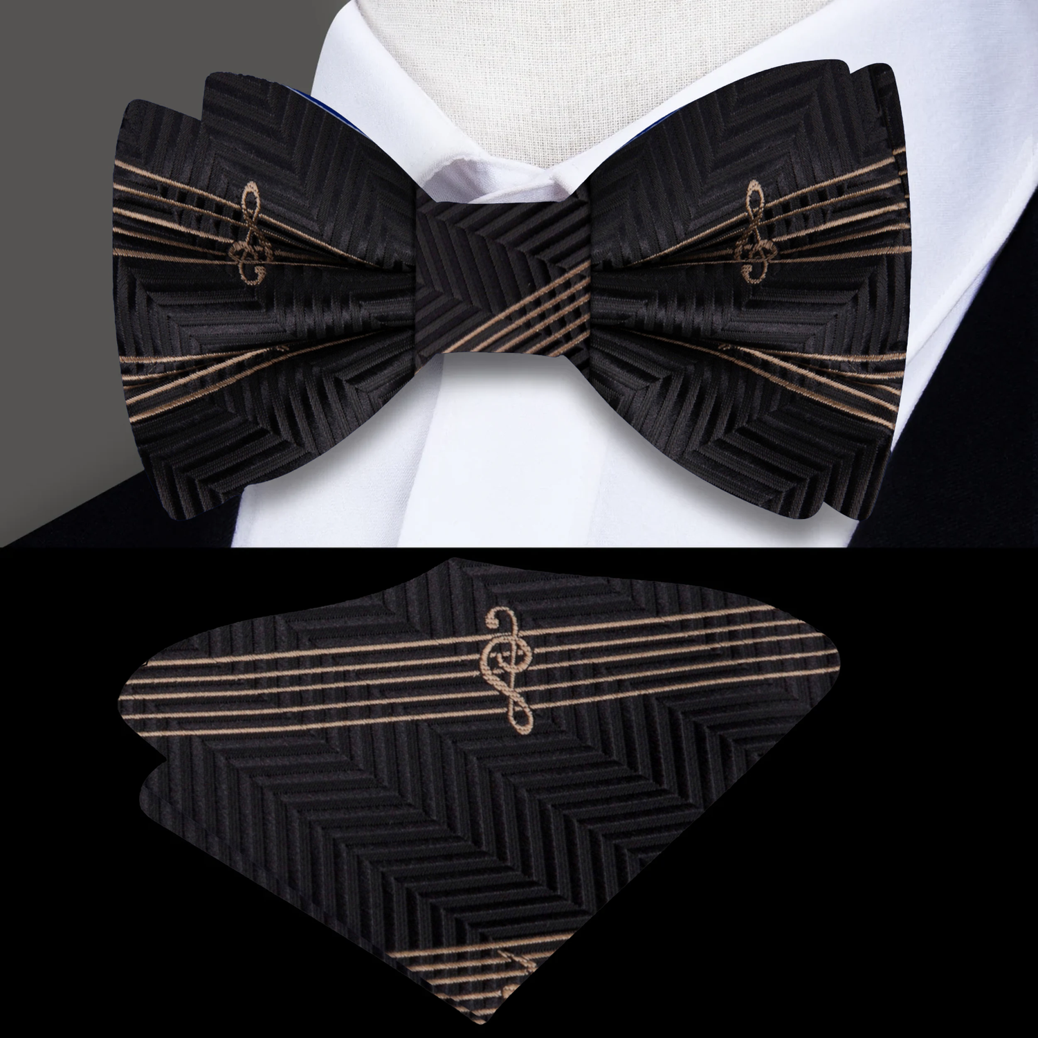 Black, Gold Printed Music Bow Tie ad Square