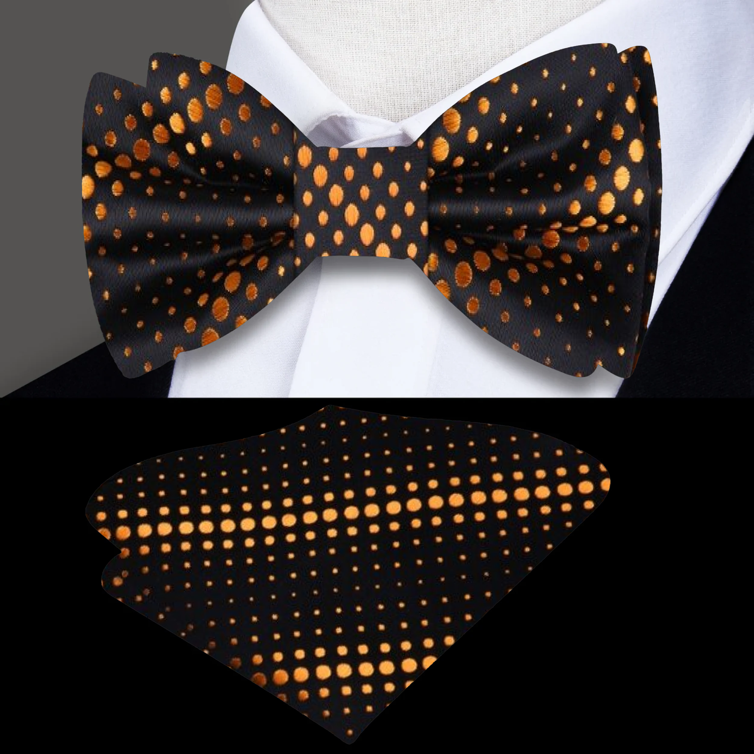 Black, Gold Geometric Dots Bow Tie and Pocket Square||Gold