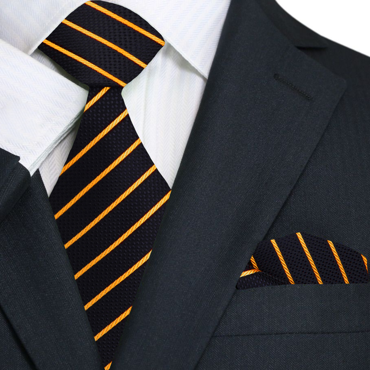Black suit with a striped tie and pocket square featuring gold lines.