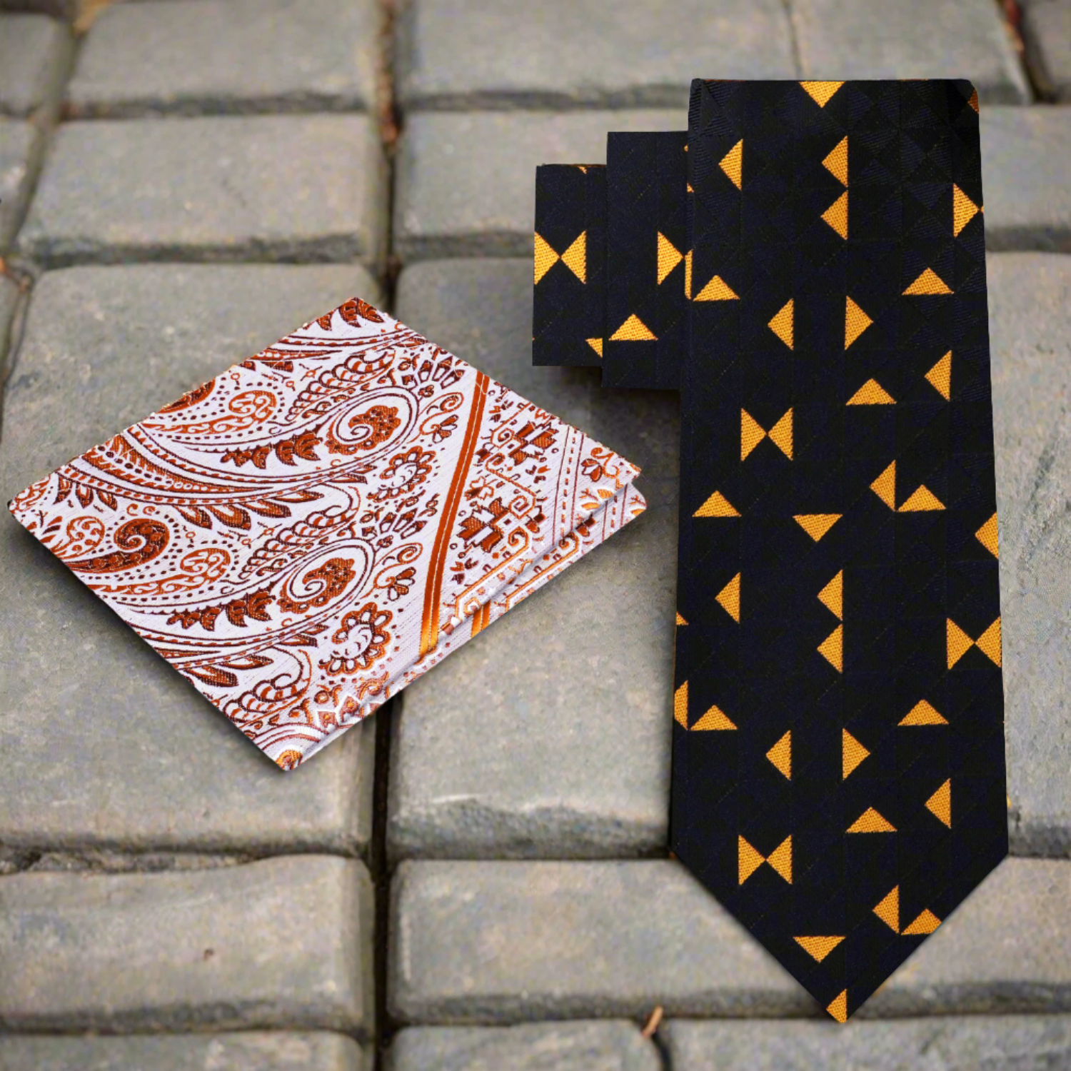 Alt View: Black Golden Orange Triangles with Accenting Paisley Square