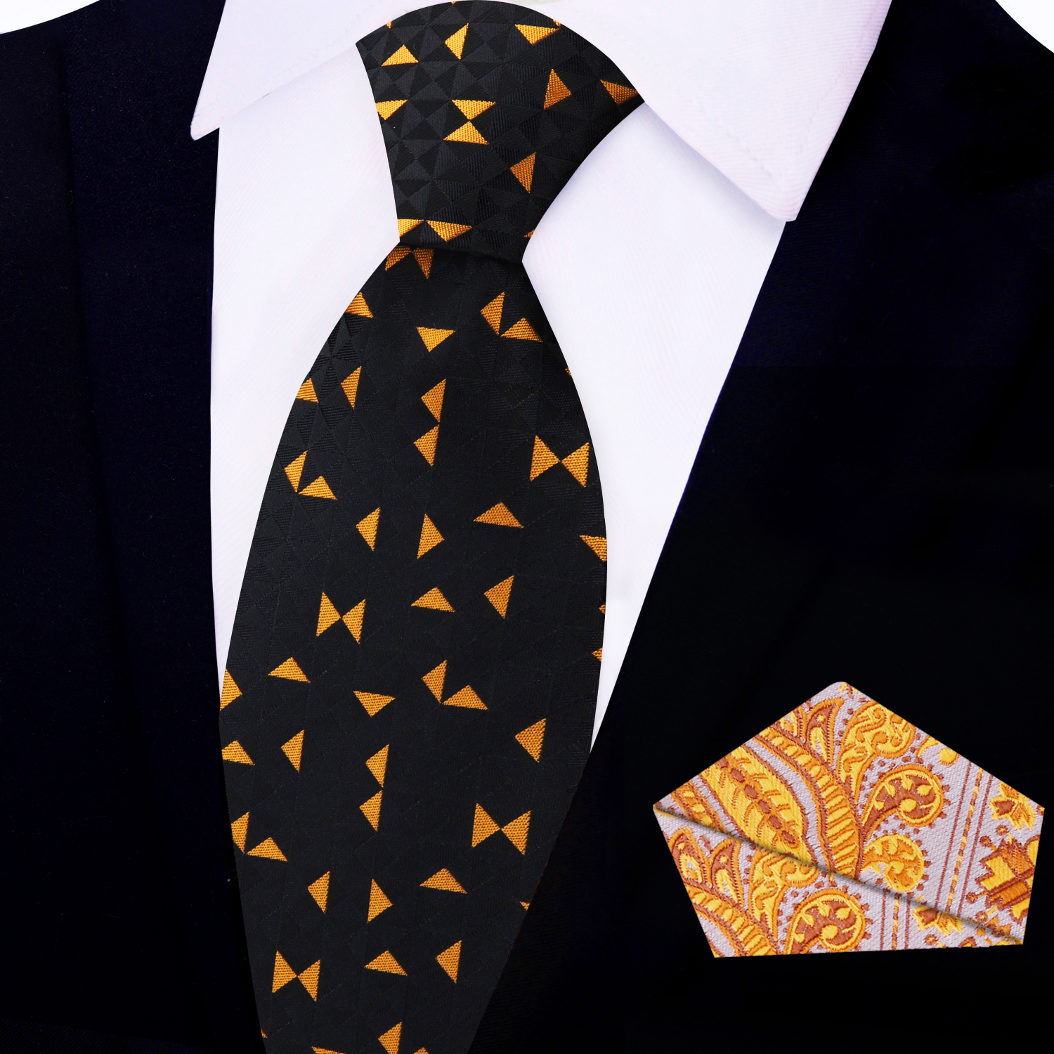 View 2: Black Golden Orange Triangles with Accenting Paisley Square