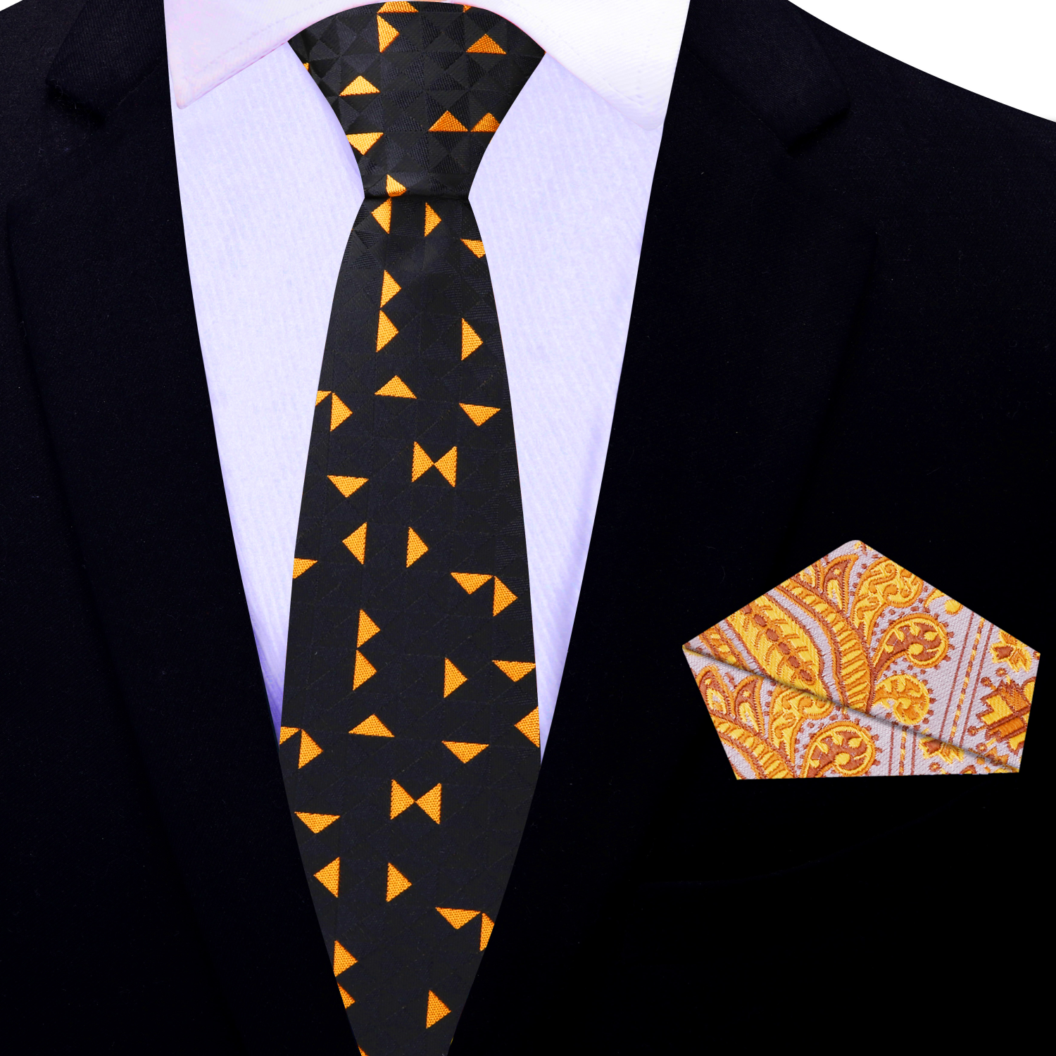 Thin Tie: Black Golden Orange Triangles with Accenting Paisley Square