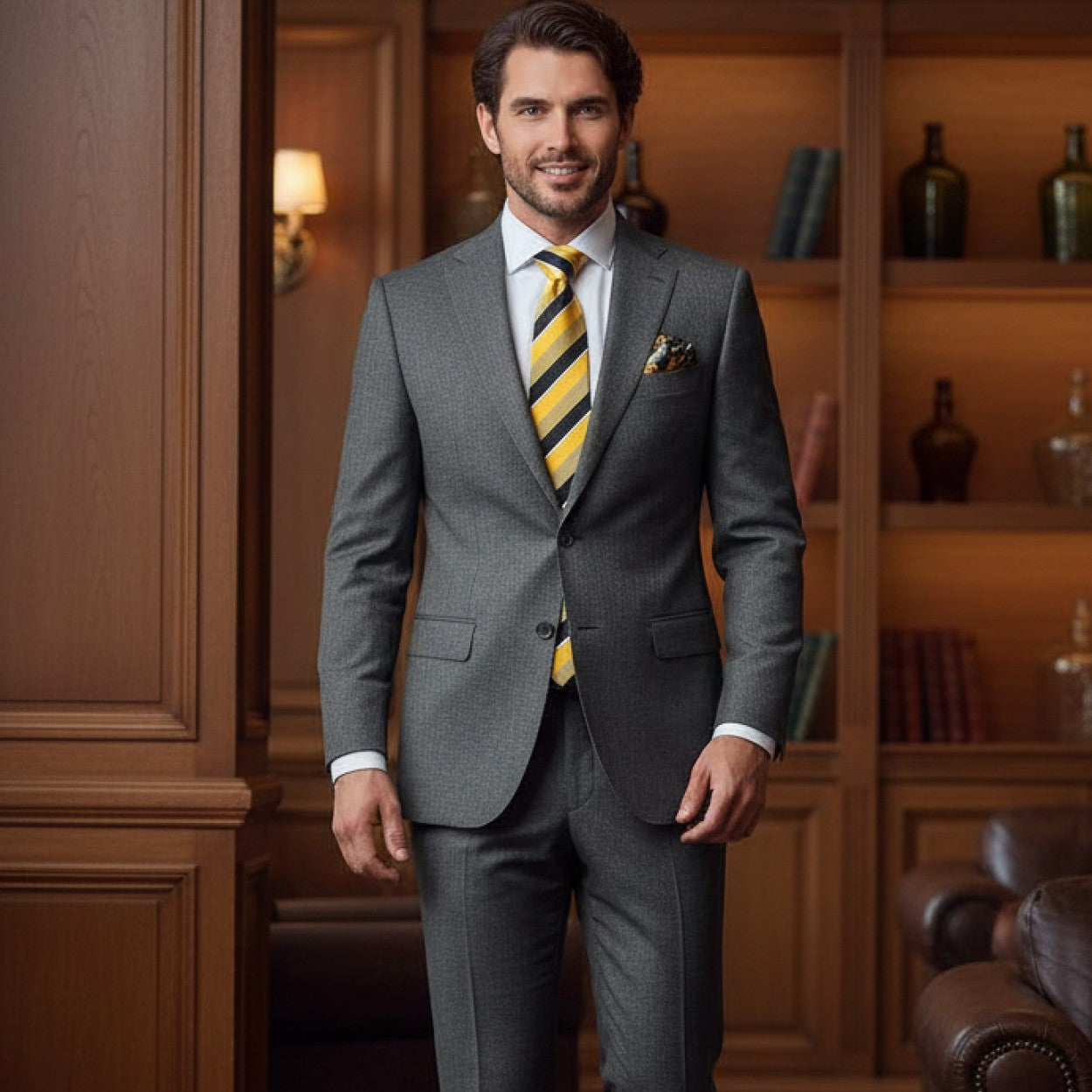 Man wearing a gray suit with a yellow tie in an elegant room.