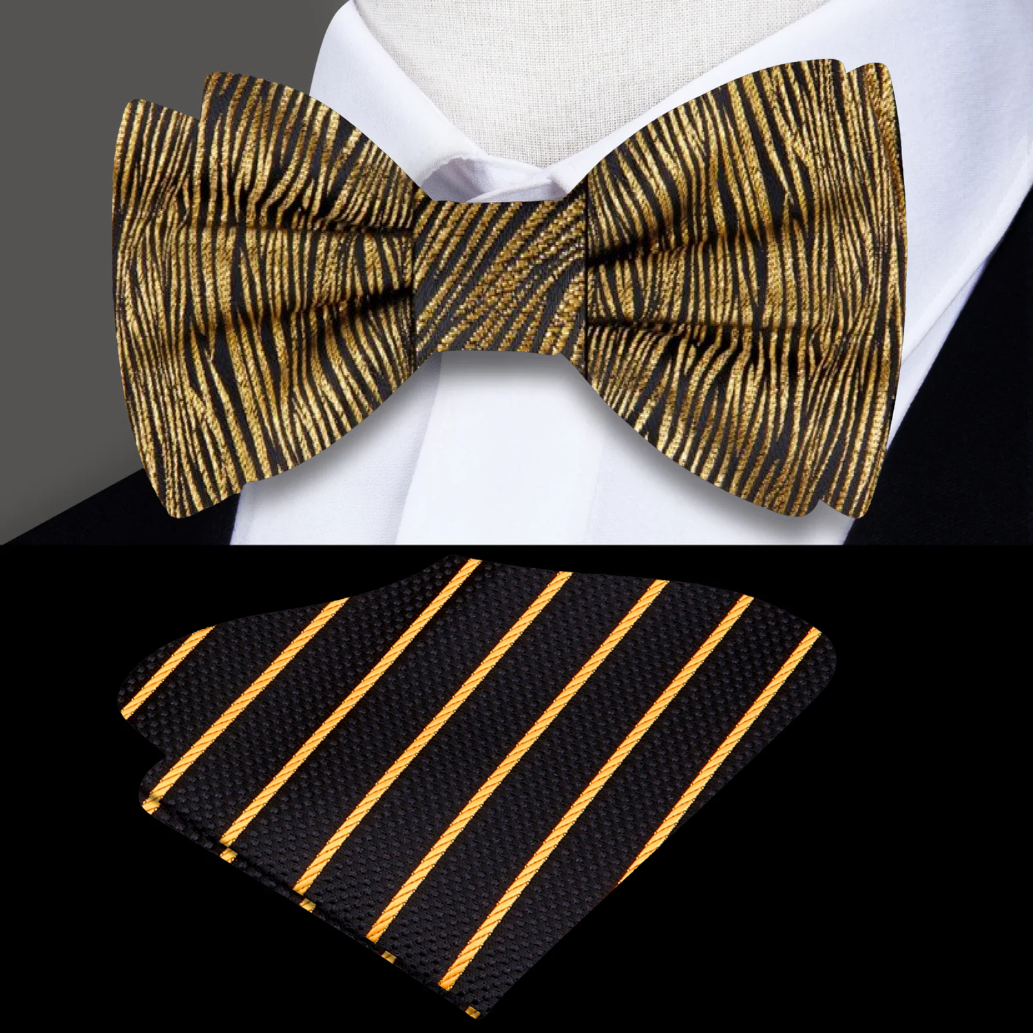Black, Gold Zebra Texture Bow Tie and Accenting Pocket Square