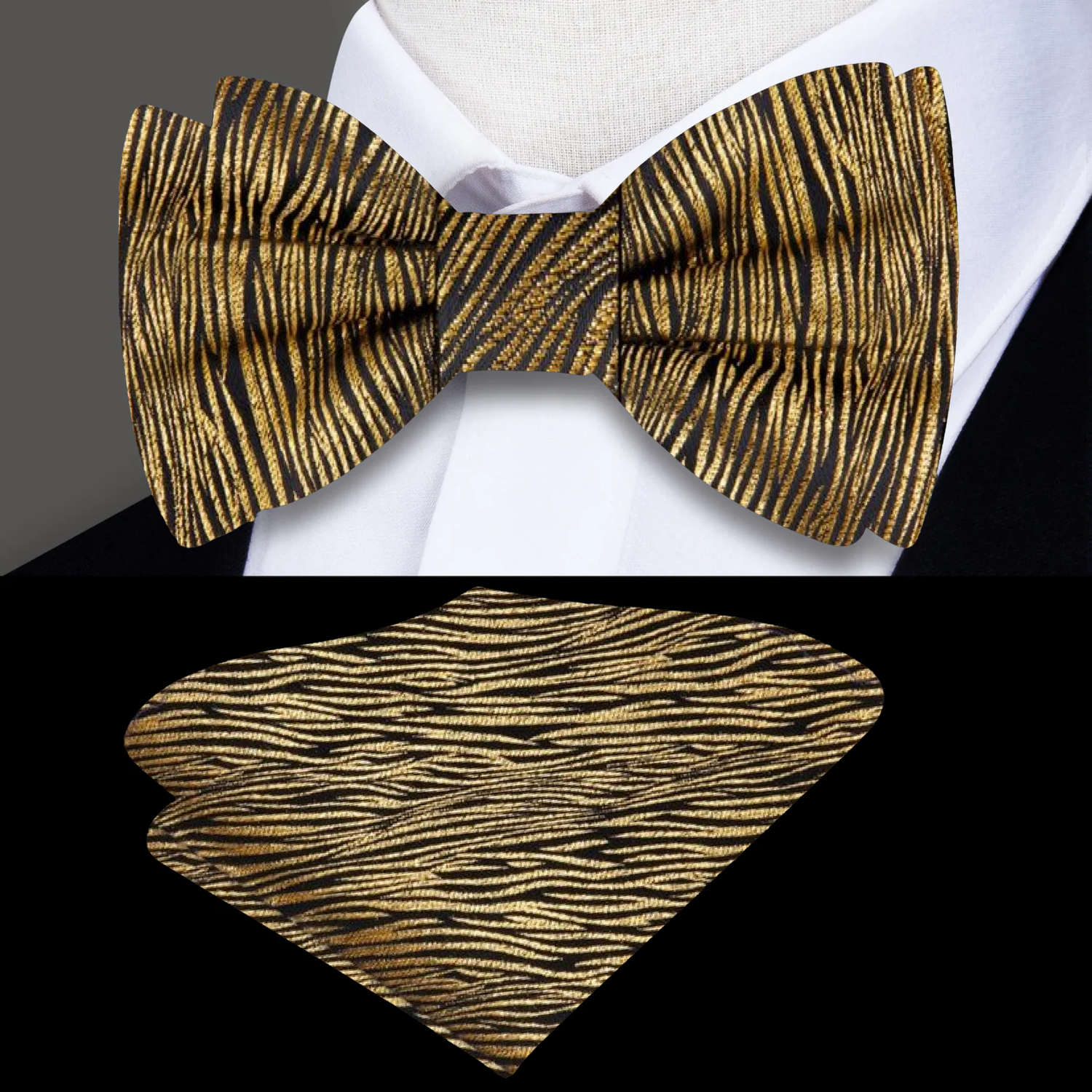 Black, Gold Zebra Texture Bow Tie and Pocket Square